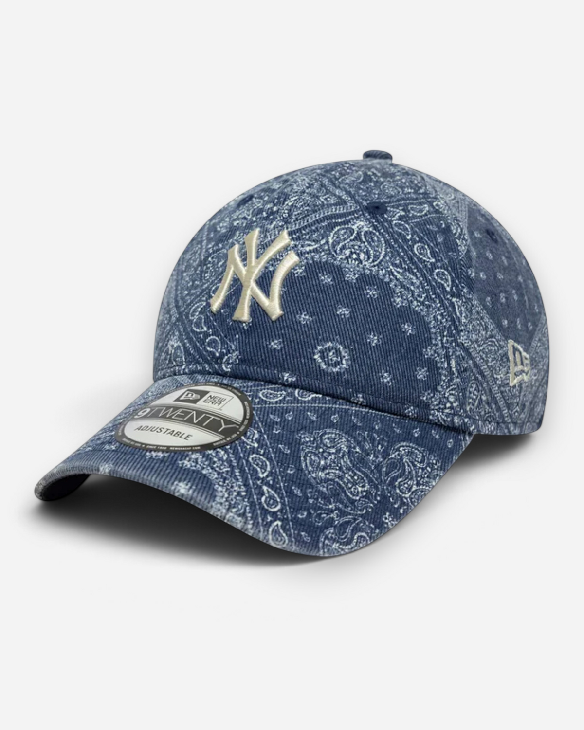 Astrofat navy blue 9TWENTY New York Yankees cap with a white paisley pattern, curved visor, and embroidered logo.