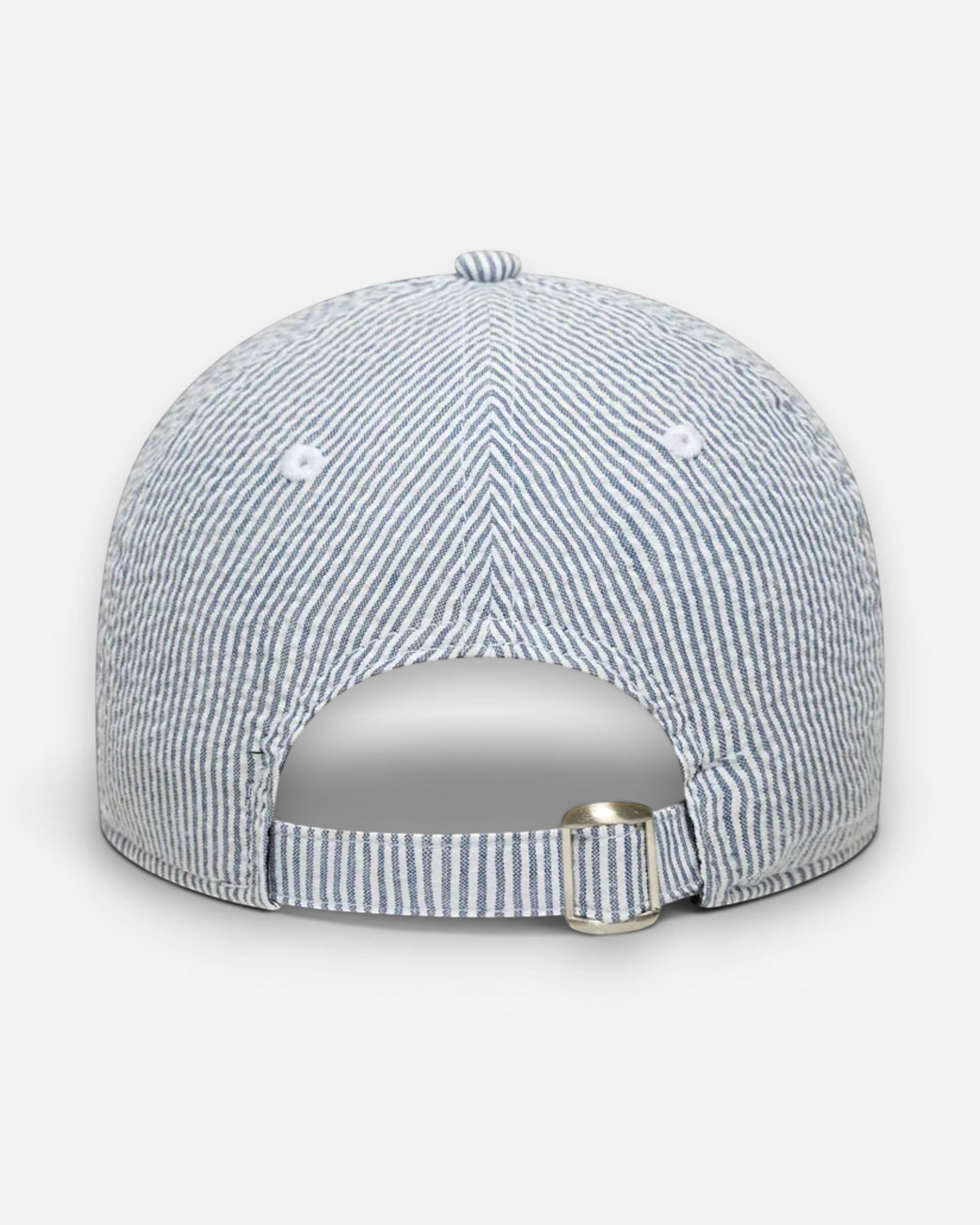 Astrofat 9TWENTY New York Yankees MLB Seersucker cap in navy and white stripe pattern with adjustable strapback closure.