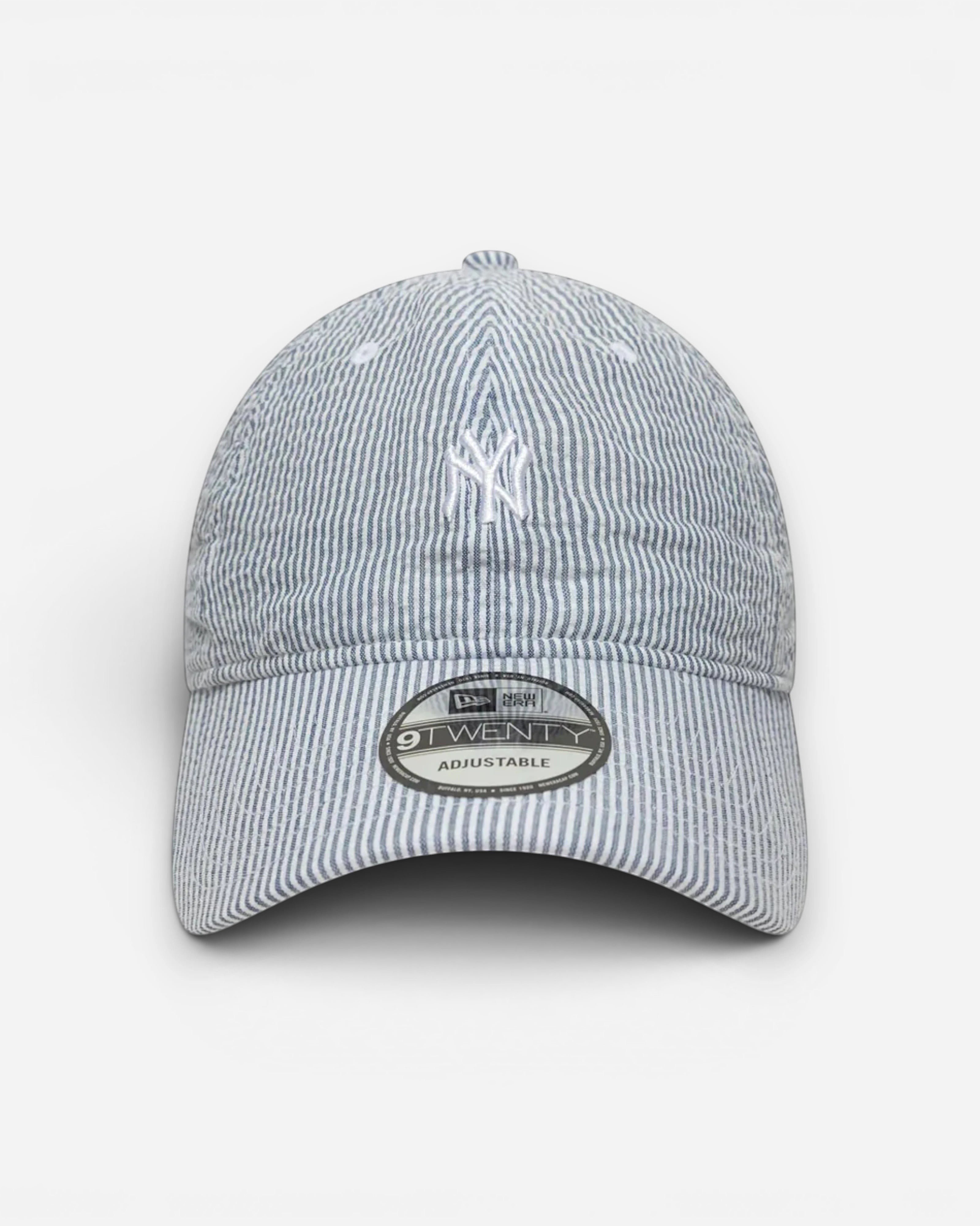 Astrofat 9TWENTY New York Yankees MLB Seersucker cap in navy and white stripe with adjustable strapback and curved brim.