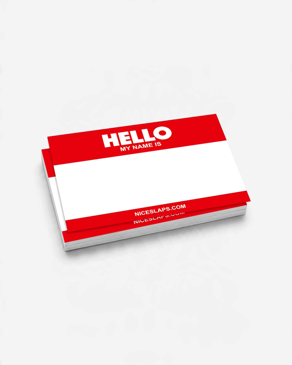 A stack of 50 Astrofat Nice Slaps Hello My Name Is red and white adhesive stickers for tagging and street art.