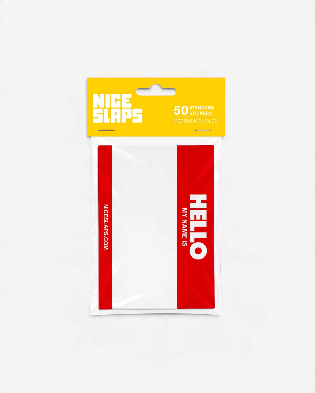Astrofat Nice Slaps medium Hello My Name Is sticker pack with 50 red and white adhesive labels in plastic packaging.