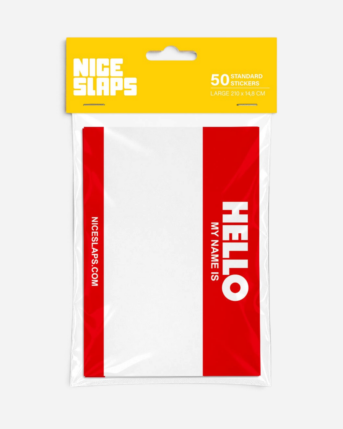 Astrofat Nice Slaps pack of 50 red and white Hello My Name Is adhesive stickers for tagging and street art