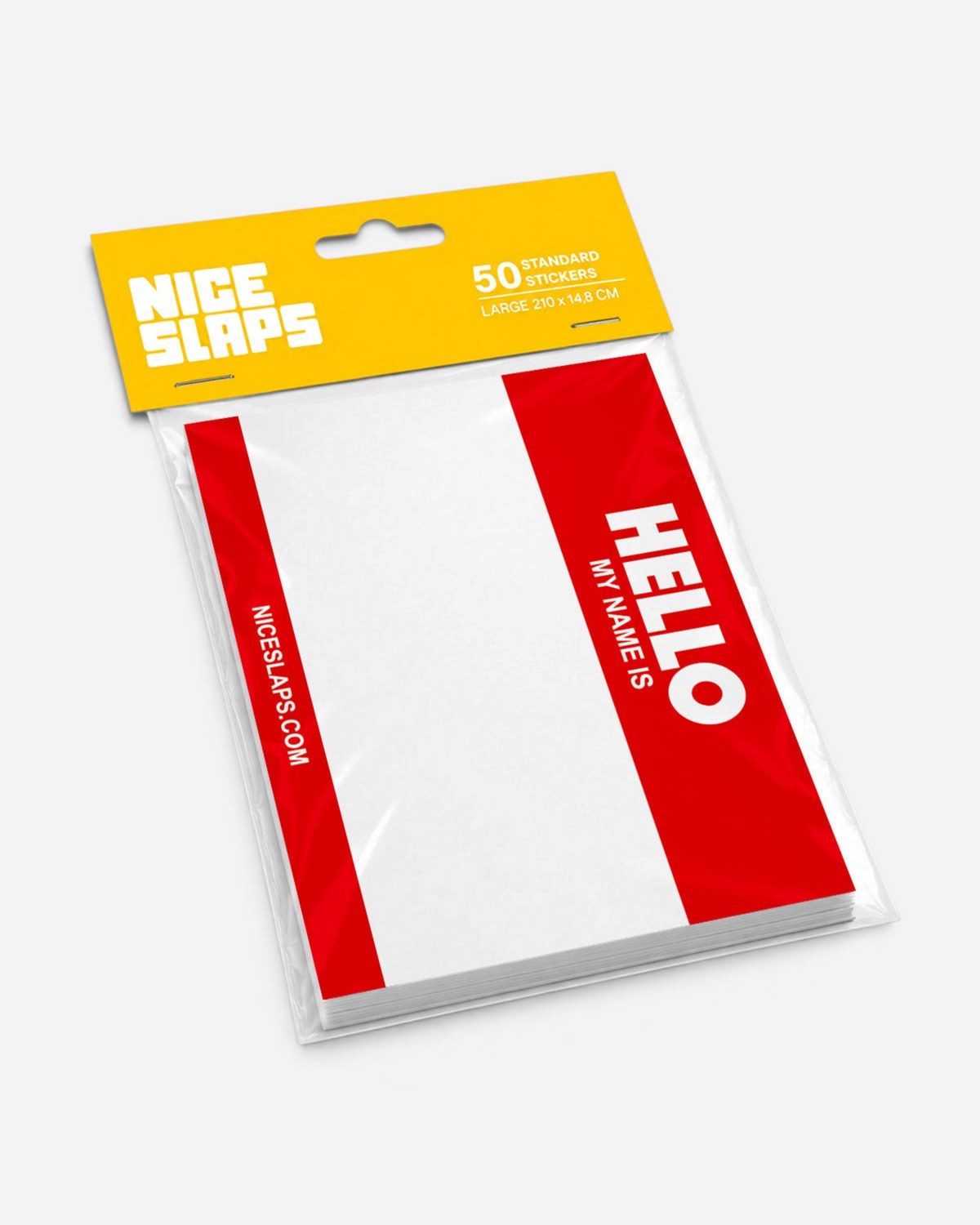 Astrofat Nice Slaps Hello My Name Is red and white adhesive stickers in a pack of 50 for tagging and street art