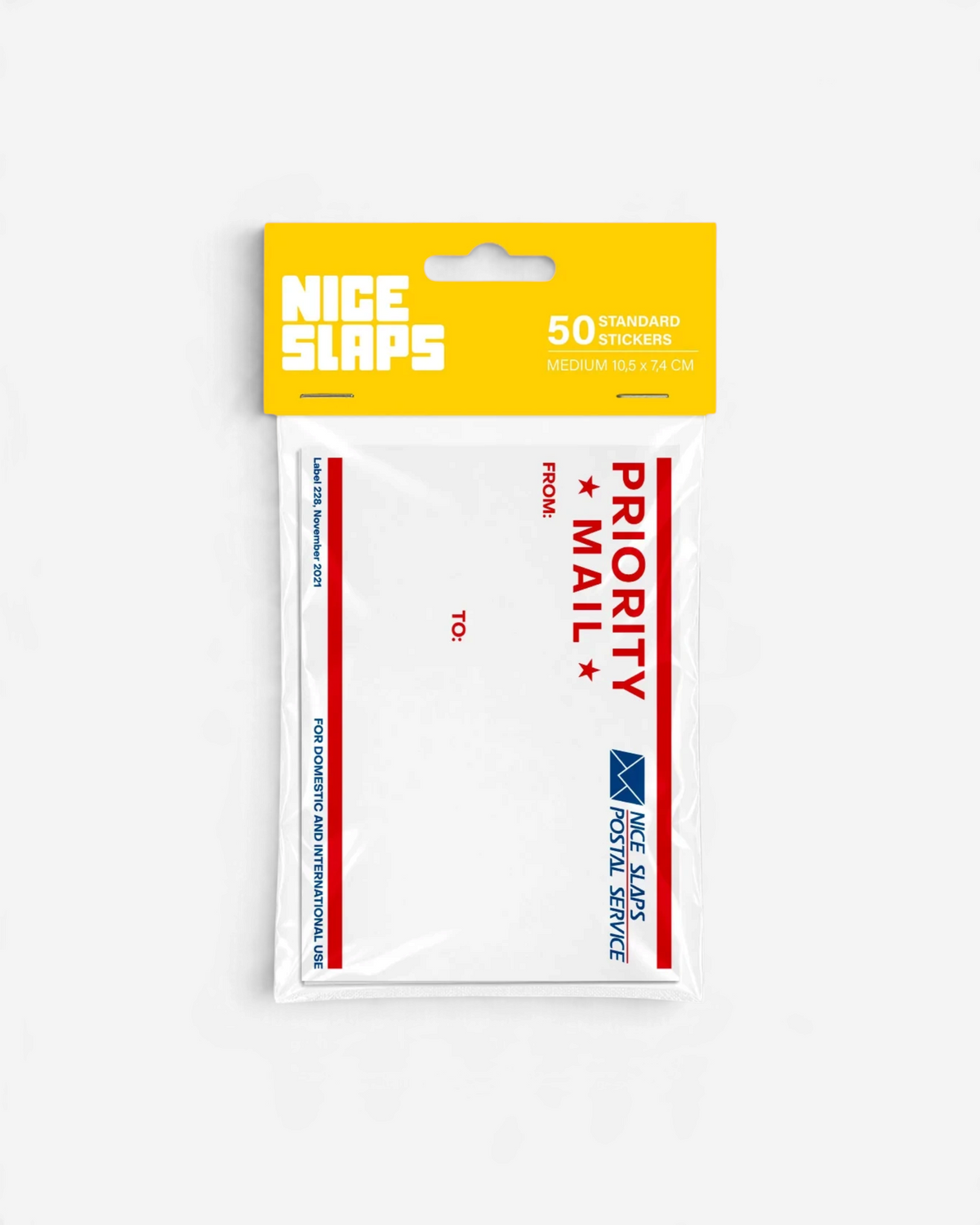 Astrofat Nice Slaps medium priority mail style stickers in a pack of 50 with red and white design for sticker art
