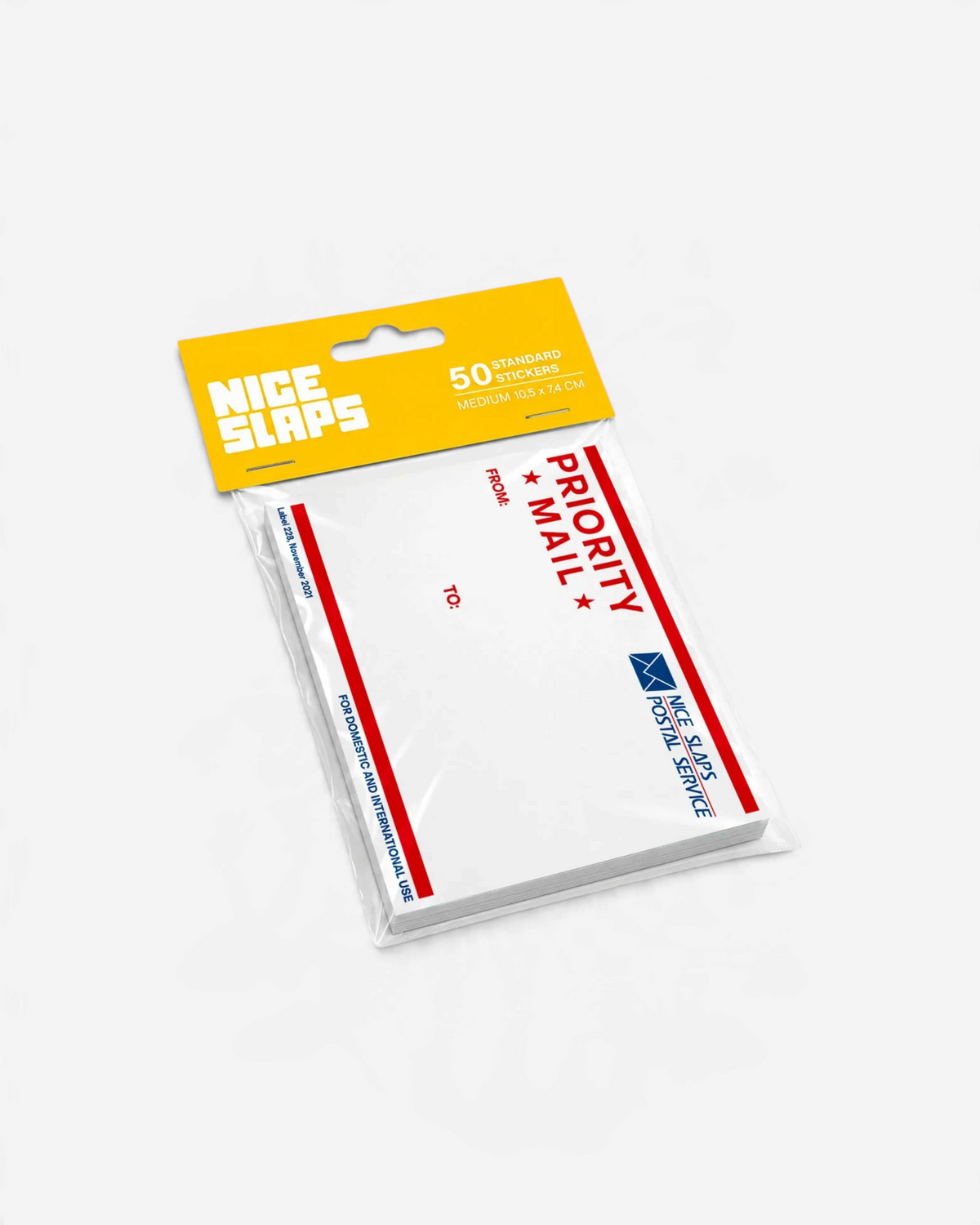 Astrofat Nice Slaps medium priority mail style stickers in a 50-pack with red and blue text on white paper.