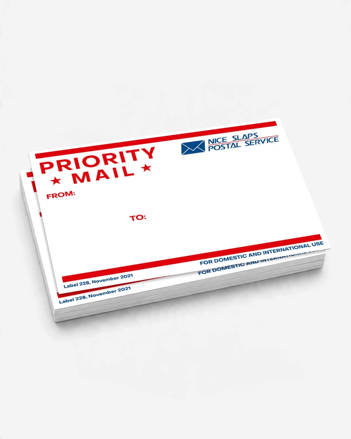Astrofat Nice Slaps Priority Mail medium stickers in red and white with a smooth semi-gloss finish for tag art.
