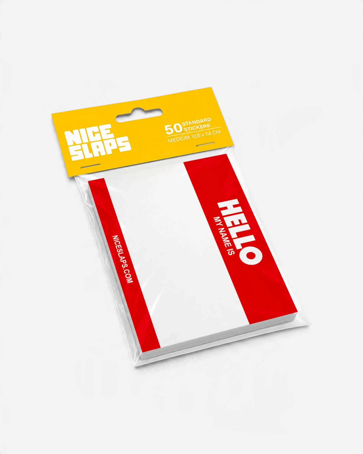 Astrofat Nice Slaps medium red and white Hello My Name Is sticker pack of 50 in clear plastic packaging