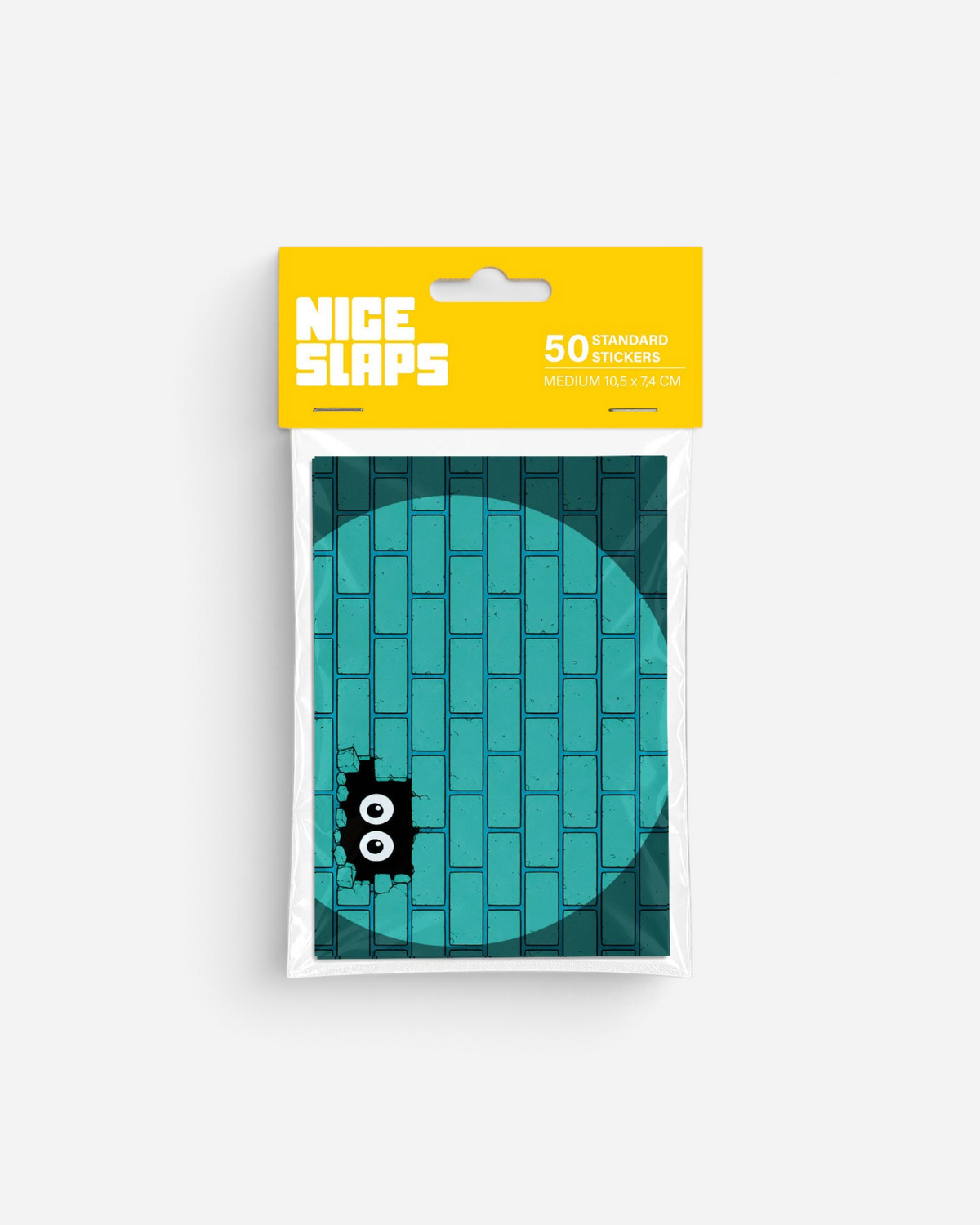 Astrofat Nice Slaps turquoise brick pattern stickers in a 50-pack with a spotlight design and character detail.