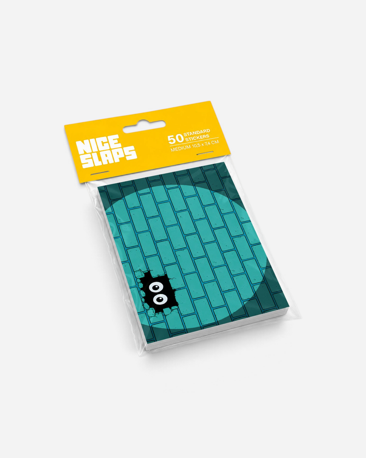 Astrofat Nice Slaps medium sticker pack featuring a turquoise brick wall design with peeking eyes in a plastic bag