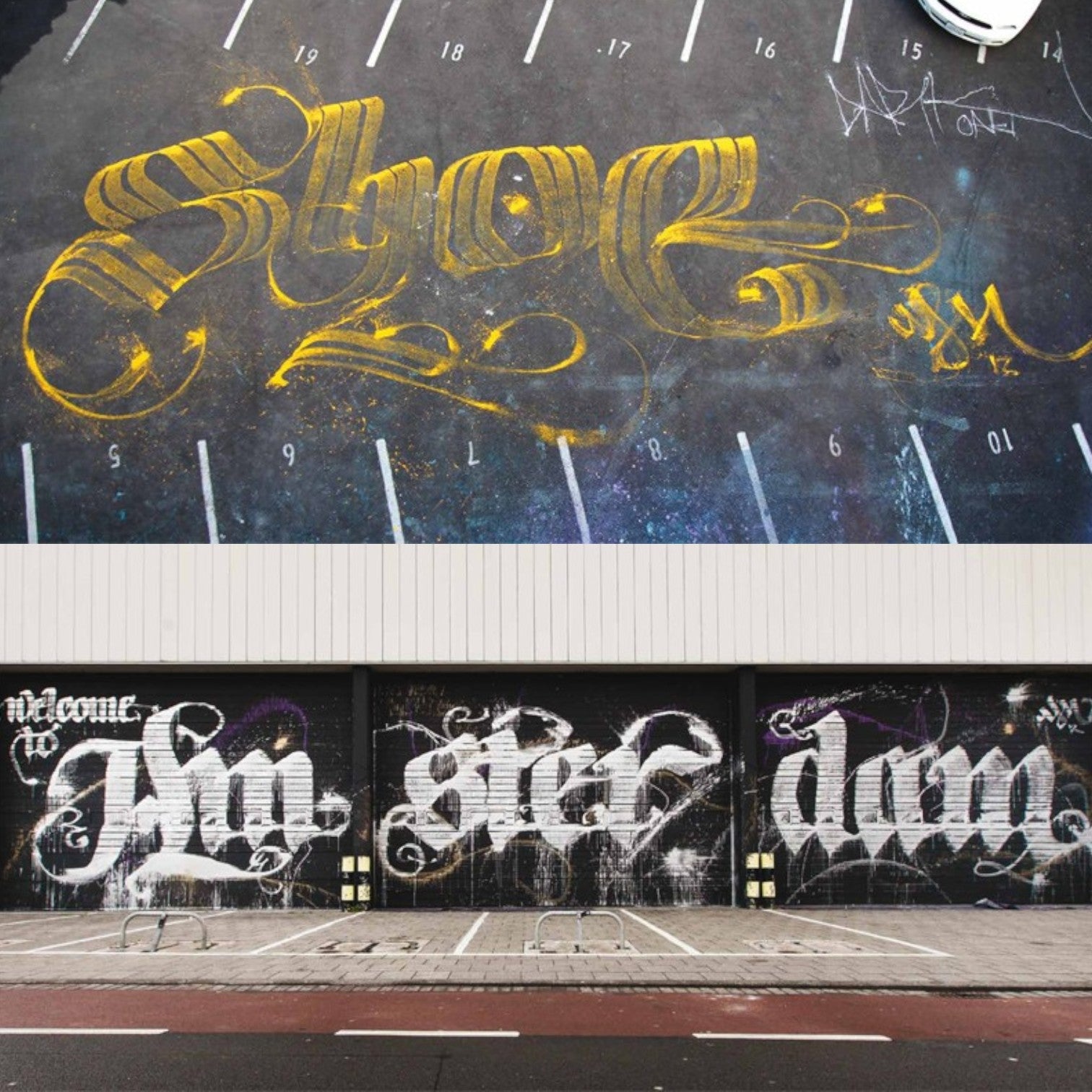 Astrofat Niels Shoe Meulman Painter graffiti art on a black garage door with white and purple spray paint.
