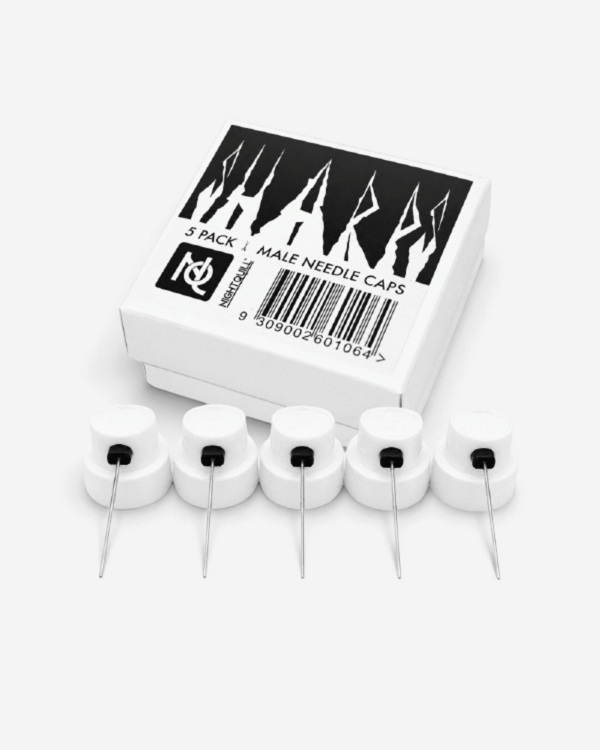 Astrofat Night Quill 5x male needle caps set with white spray paint nozzles and metal needles in a branded box