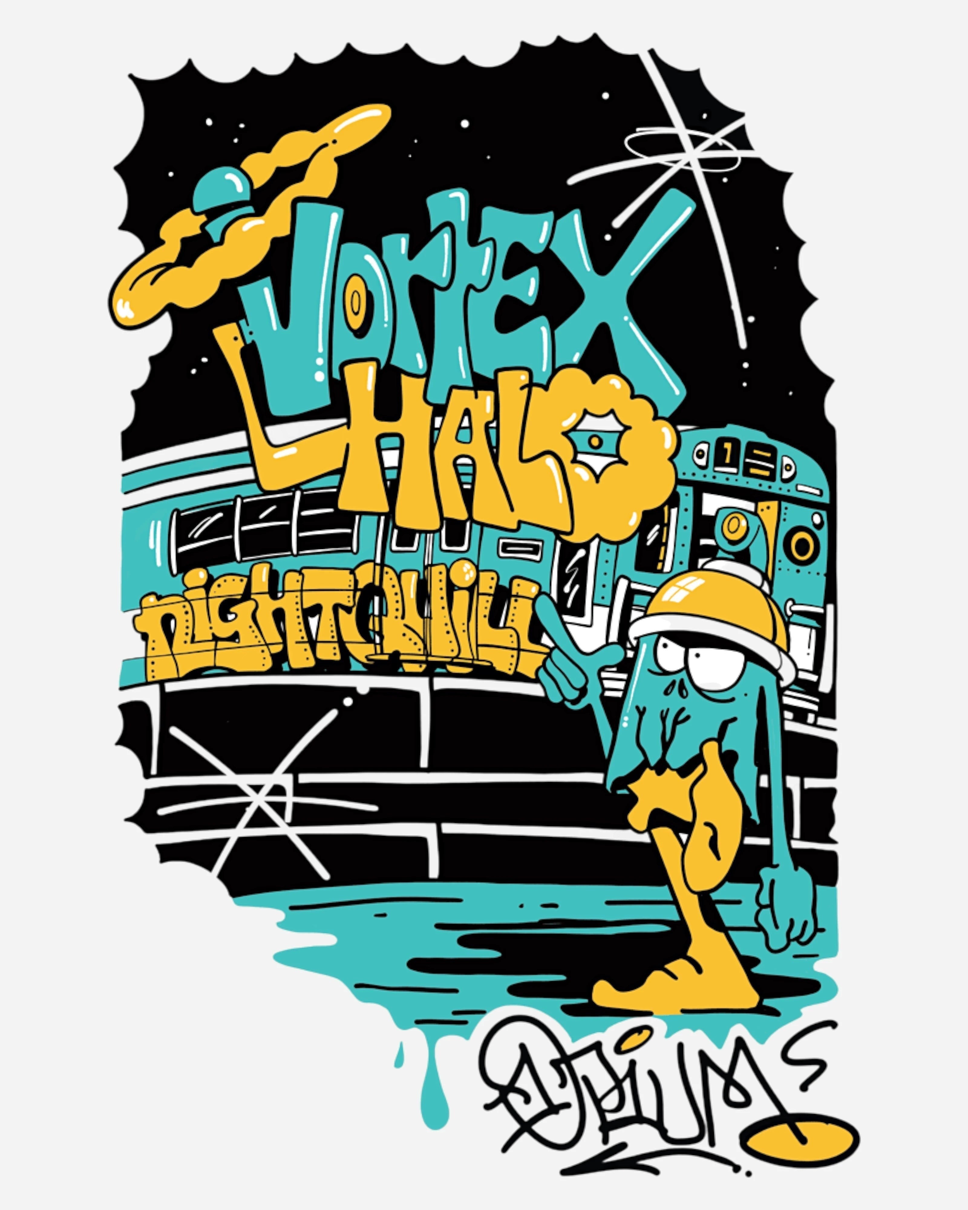 Astrofat Nightquill Vortex Halo Male spray paint cap, teal and yellow graffiti art with cartoon character.