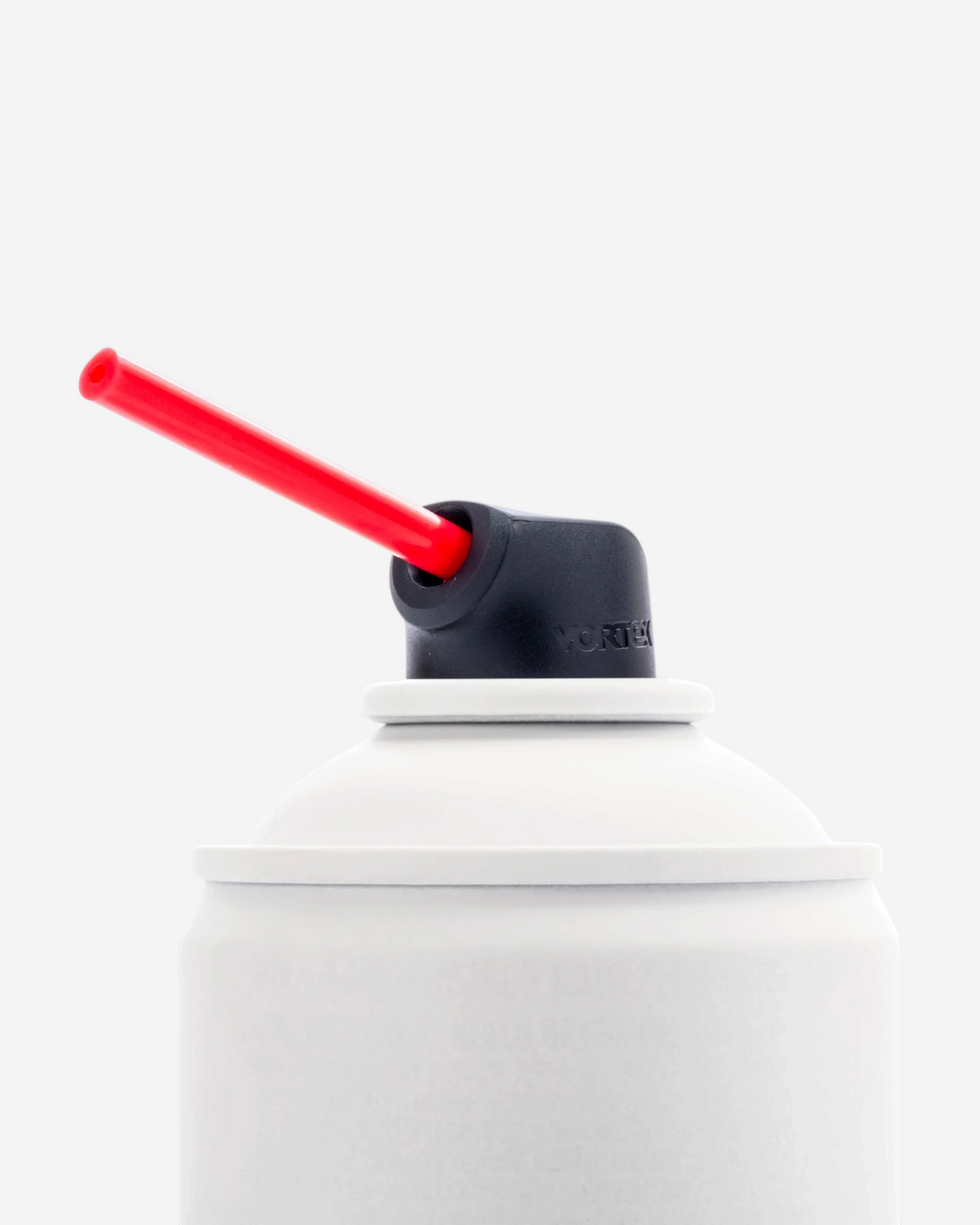 Astrofat Nightquill Vortex male spray cap with a long red extension straw attached to a white spray paint can