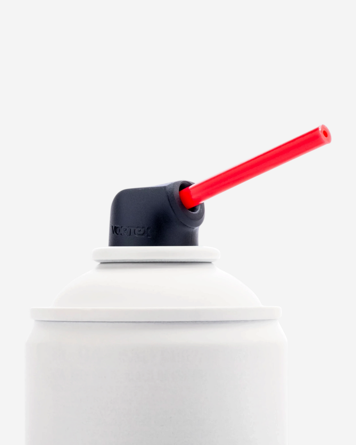 Astrofat Nightquill Vortex male spray cap with a long red extension straw attached to a white aerosol paint can.