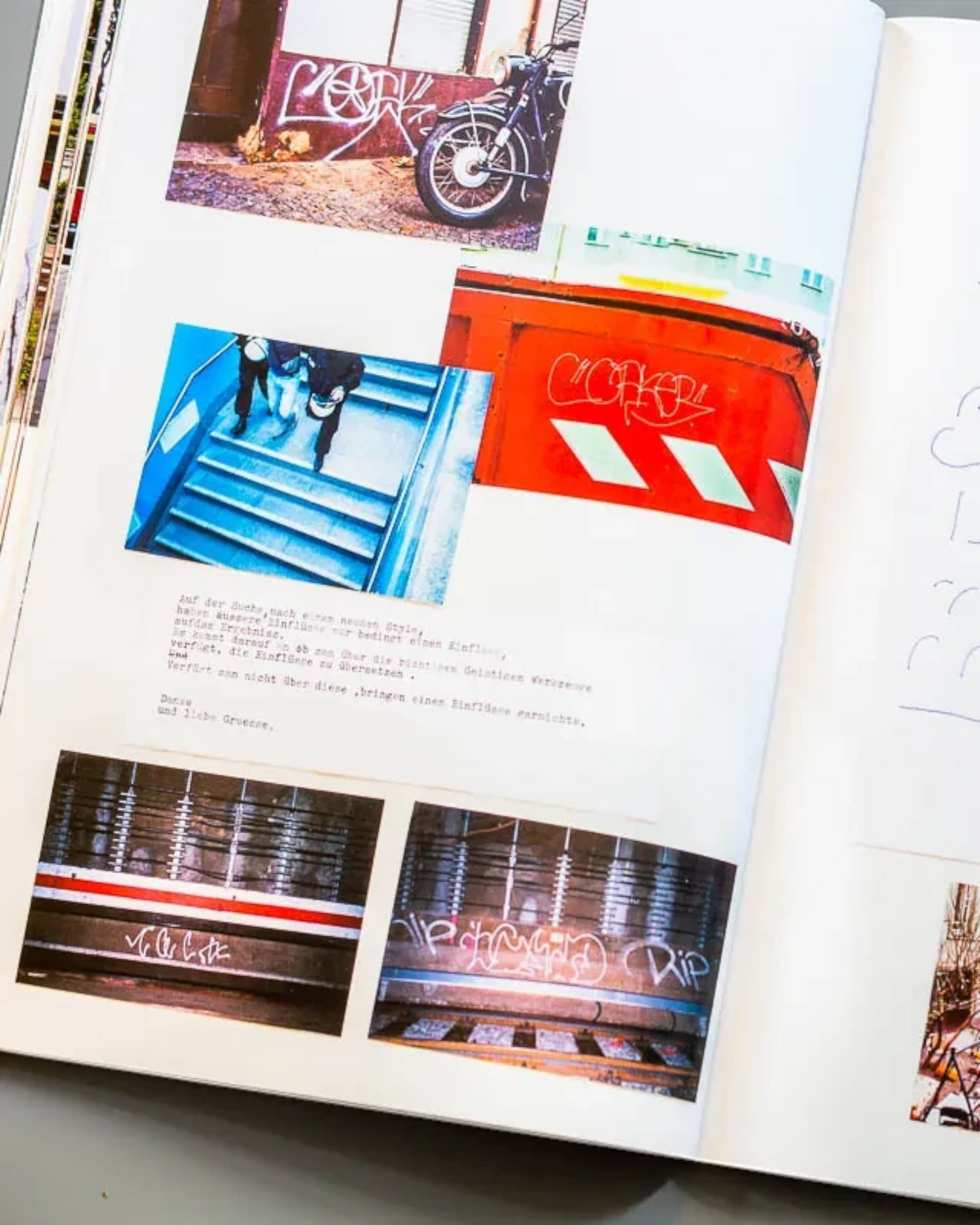 Astrofat Nonstop Magazine issue 27 open page showing Swiss graffiti photos and handwritten sketches on white paper