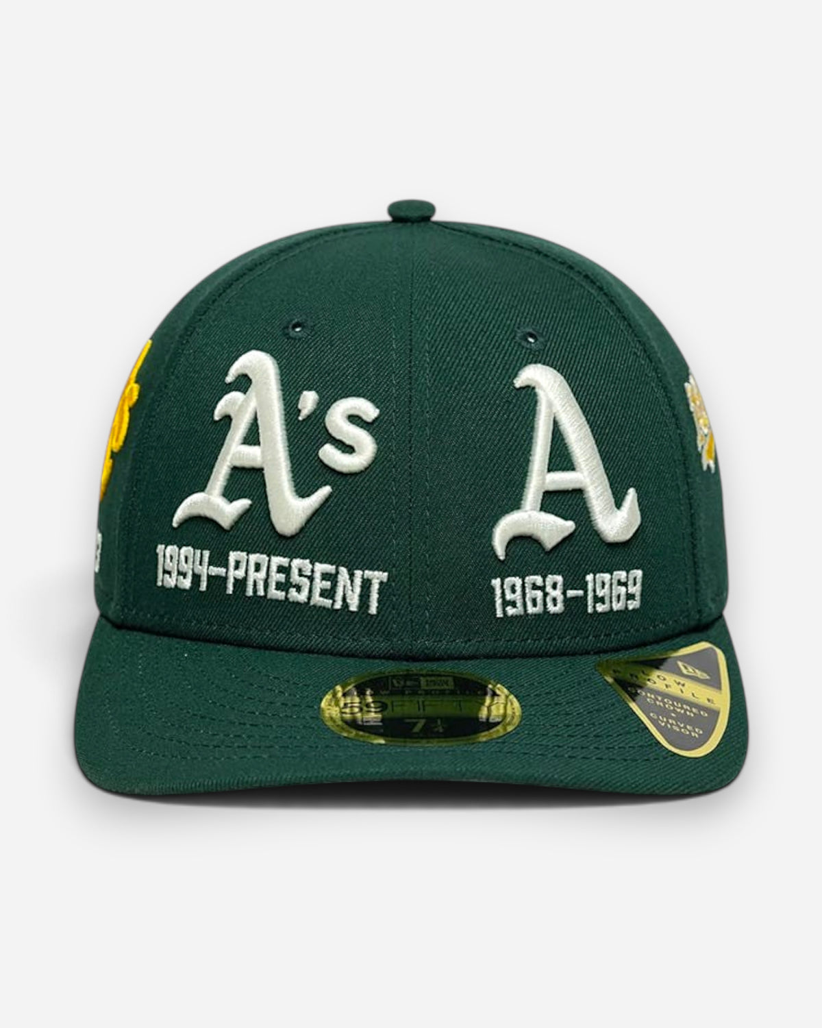 Astrofat Oakland Athletics 59FIFTY low profile fitted cap in dark green with historic team logos and years embroidered.