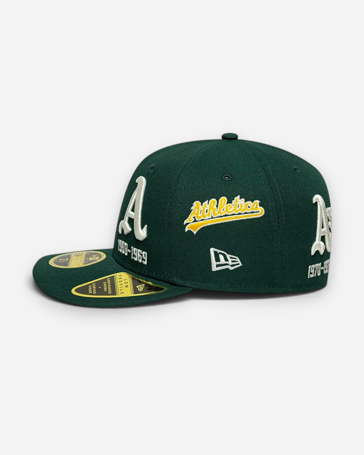 Astrofat Oakland Athletics 59FIFTY low profile fitted cap in dark green with historic yellow and white team embroidery.