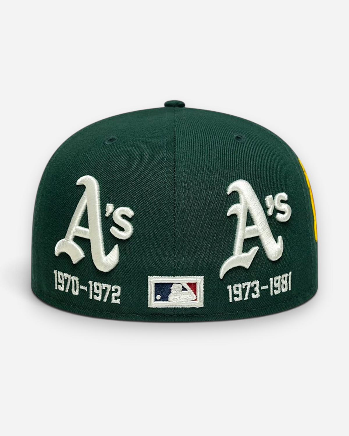Astrofat Oakland Athletics 59FIFTY low profile fitted cap in dark green with historic team logos and years embroidered.