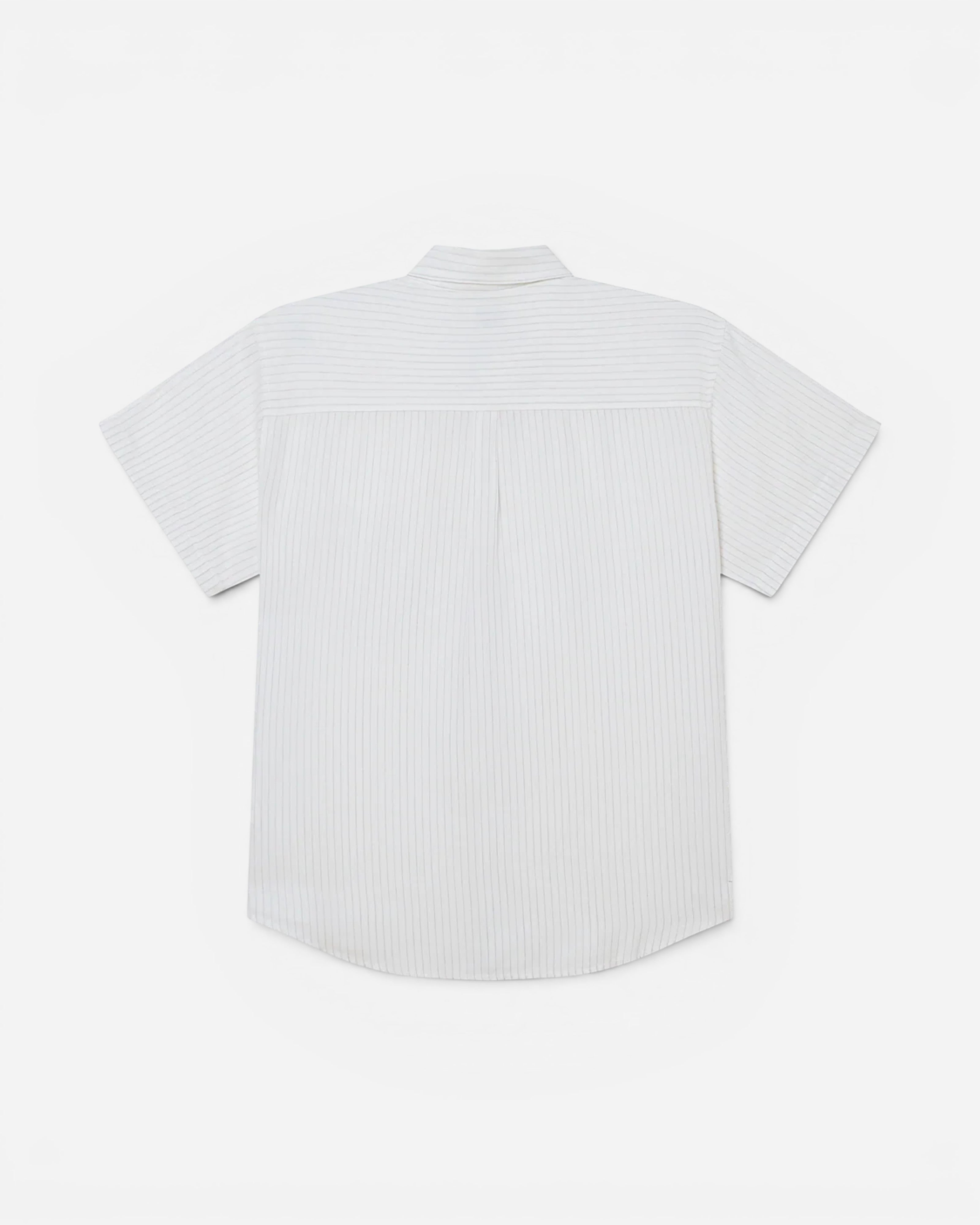 Astrofat Obey Barry Woven white short-sleeve button-up shirt with thin black pinstripes and a regular fit.
