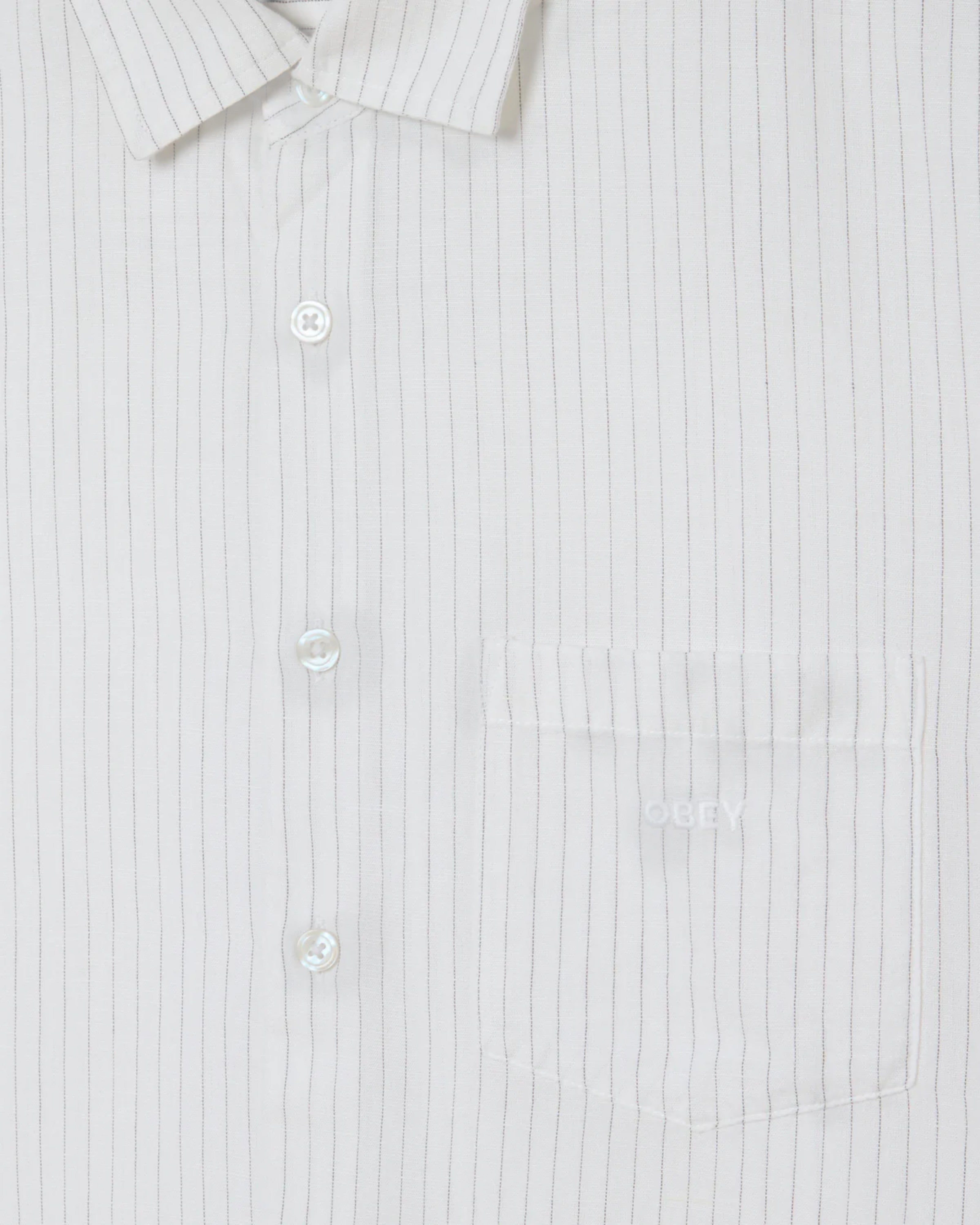 Astrofat Obey Barry Woven white pinstripe button-up shirt with chest pocket and embroidered logo.