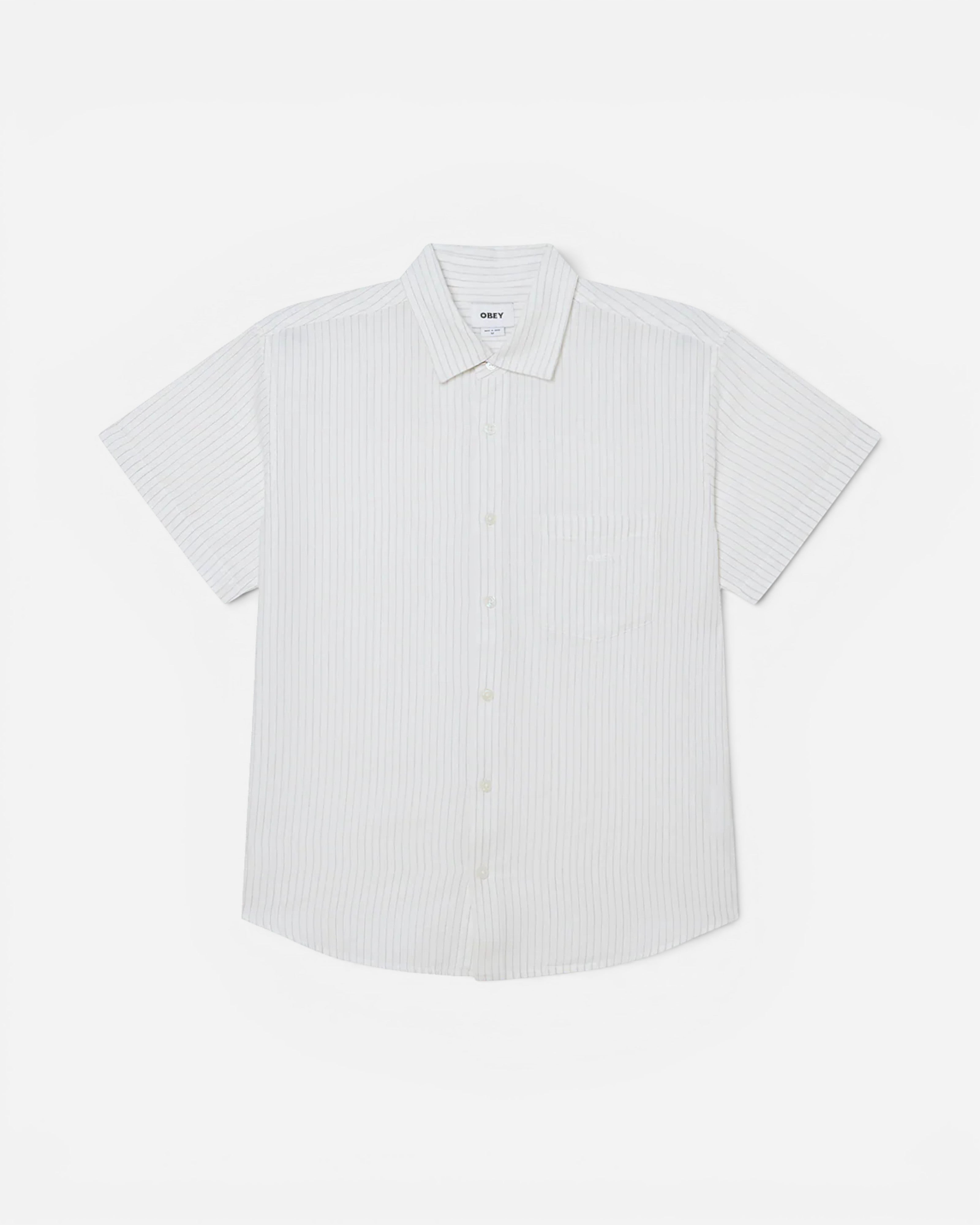 Astrofat Obey Barry Woven short-sleeve white button-up shirt with thin vertical pinstripes and a chest pocket.