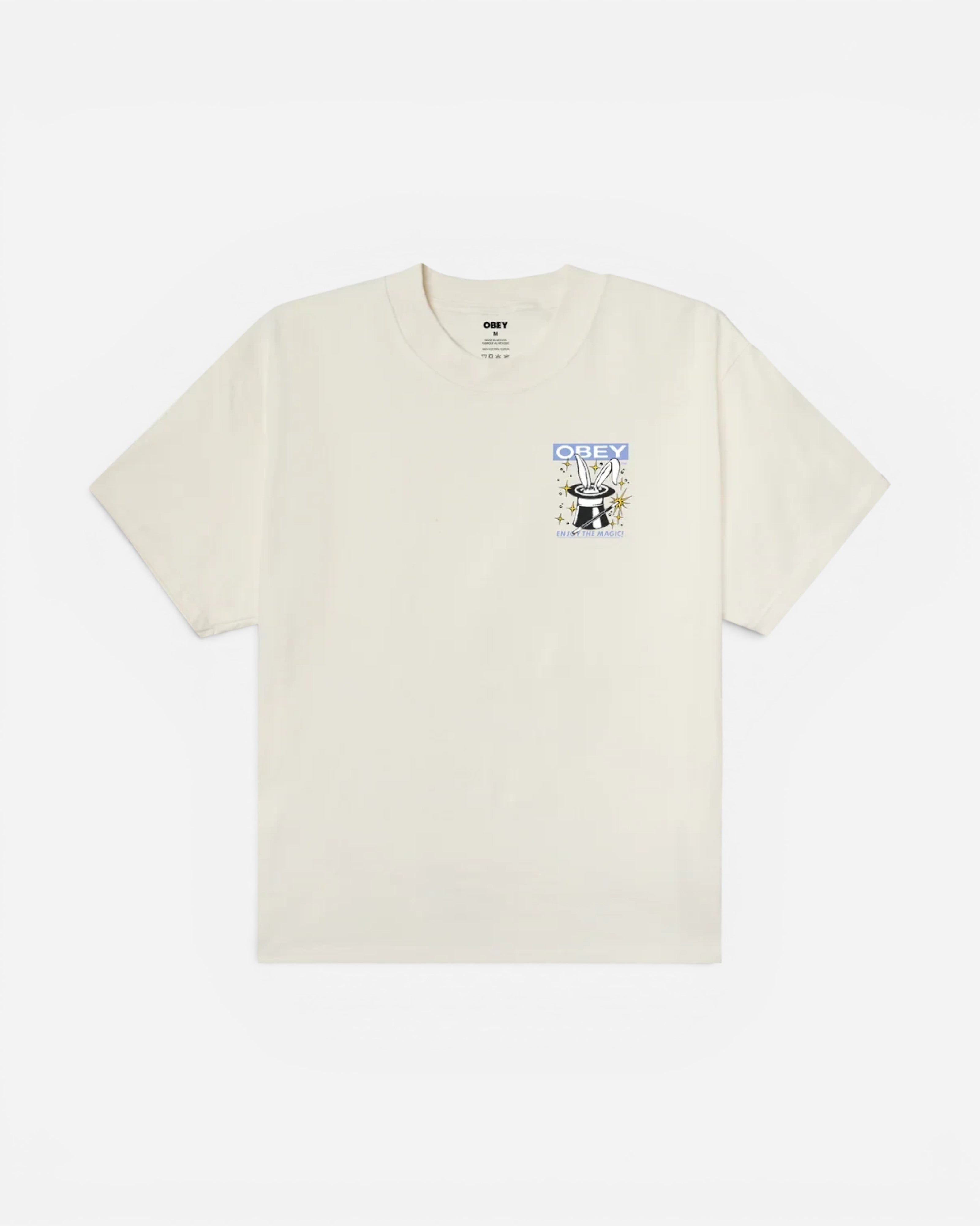 Astrofat Obey heavyweight cream cotton t-shirt featuring a small magic hat and rabbit graphic on the front chest.