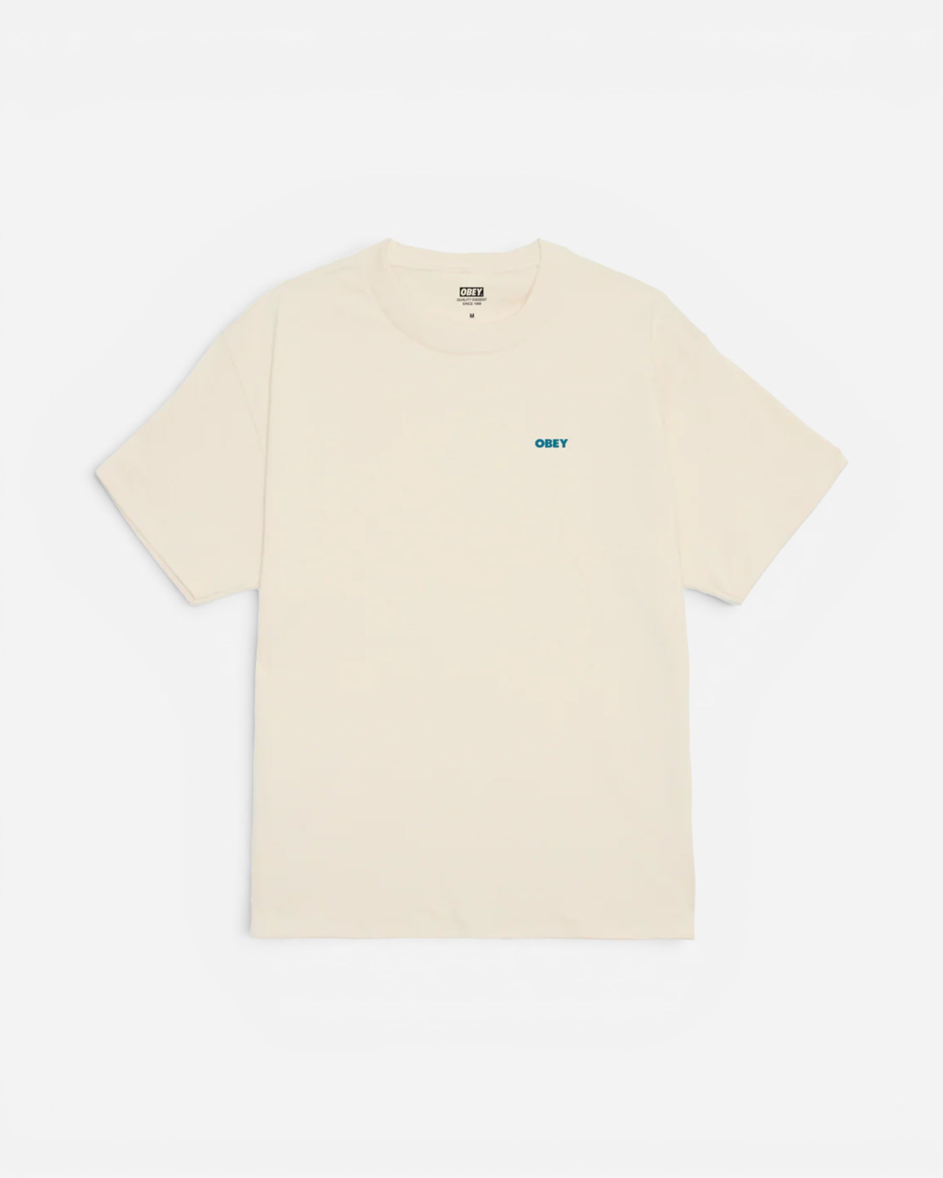 Astrofat Obey Future Unwritten cream 100% cotton t-shirt with a regular fit and printed graphics on the front and back.