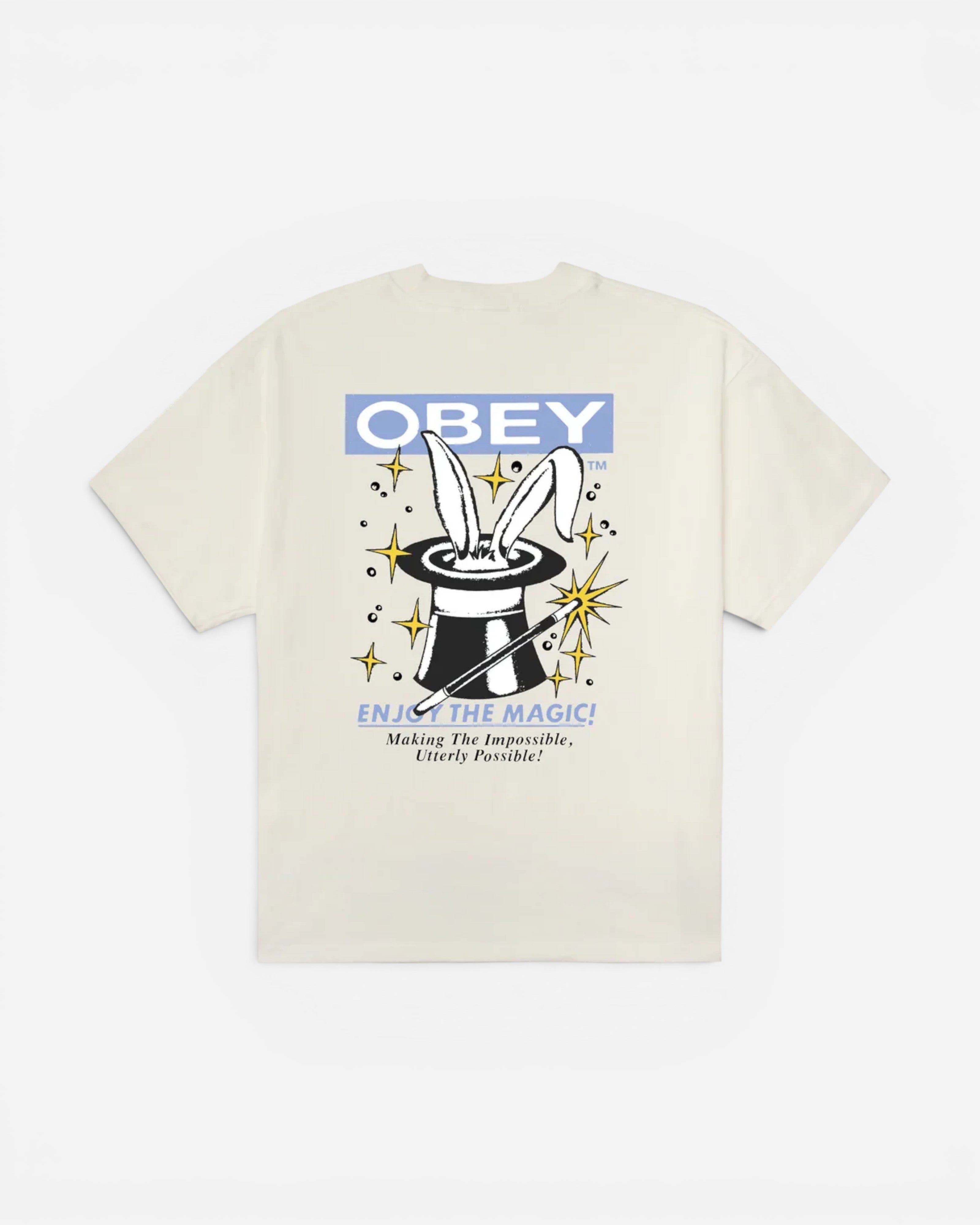 Astrofat Obey heavyweight cream cotton t-shirt featuring a magic hat graphic on the back with stars and text.