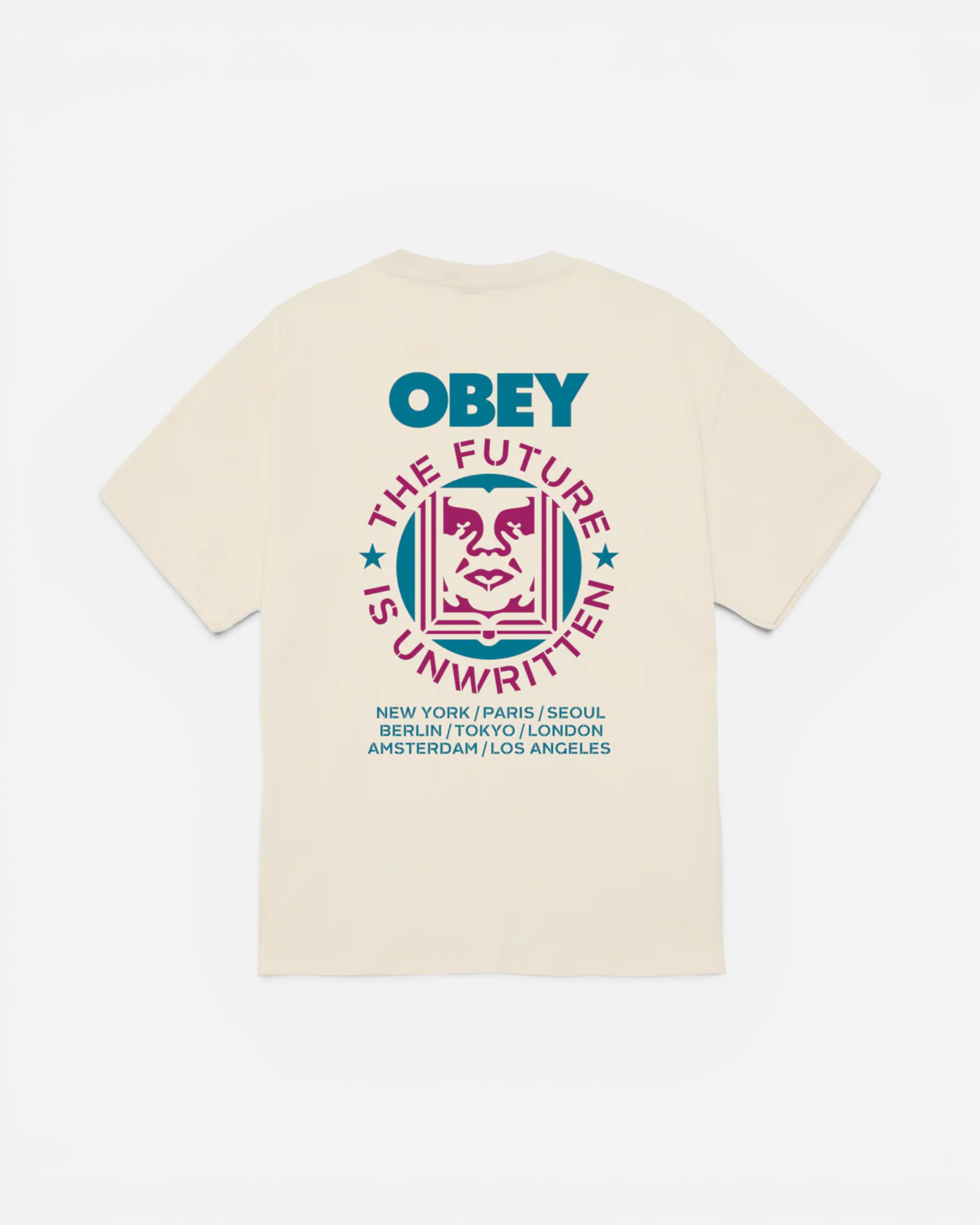 Astrofat Obey Future Unwritten cream 100% cotton t-shirt with a graphic print on the front and back.