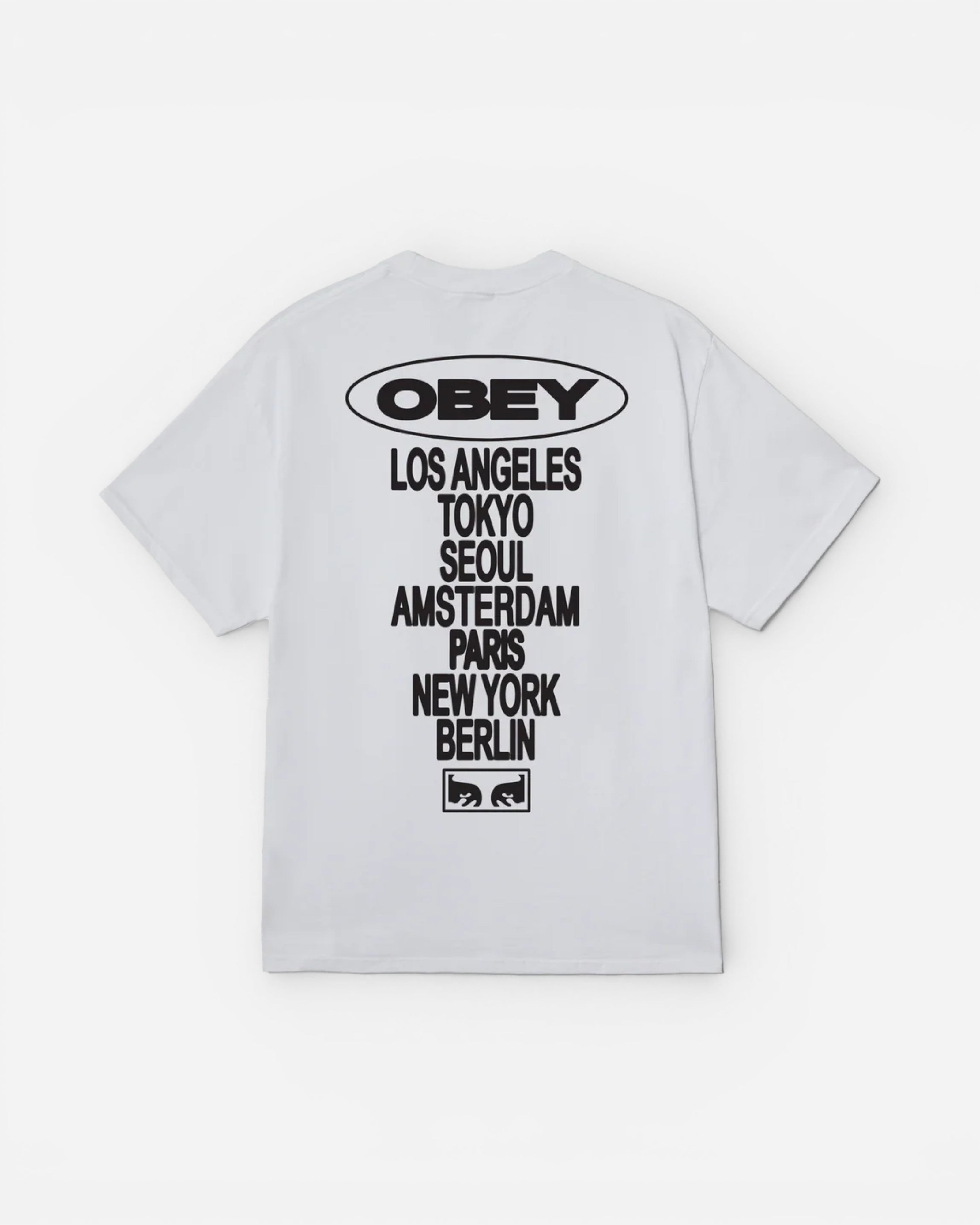 Astrofat Obey Global Impact white 100% cotton t-shirt with oval logo and list of cities printed on the back.