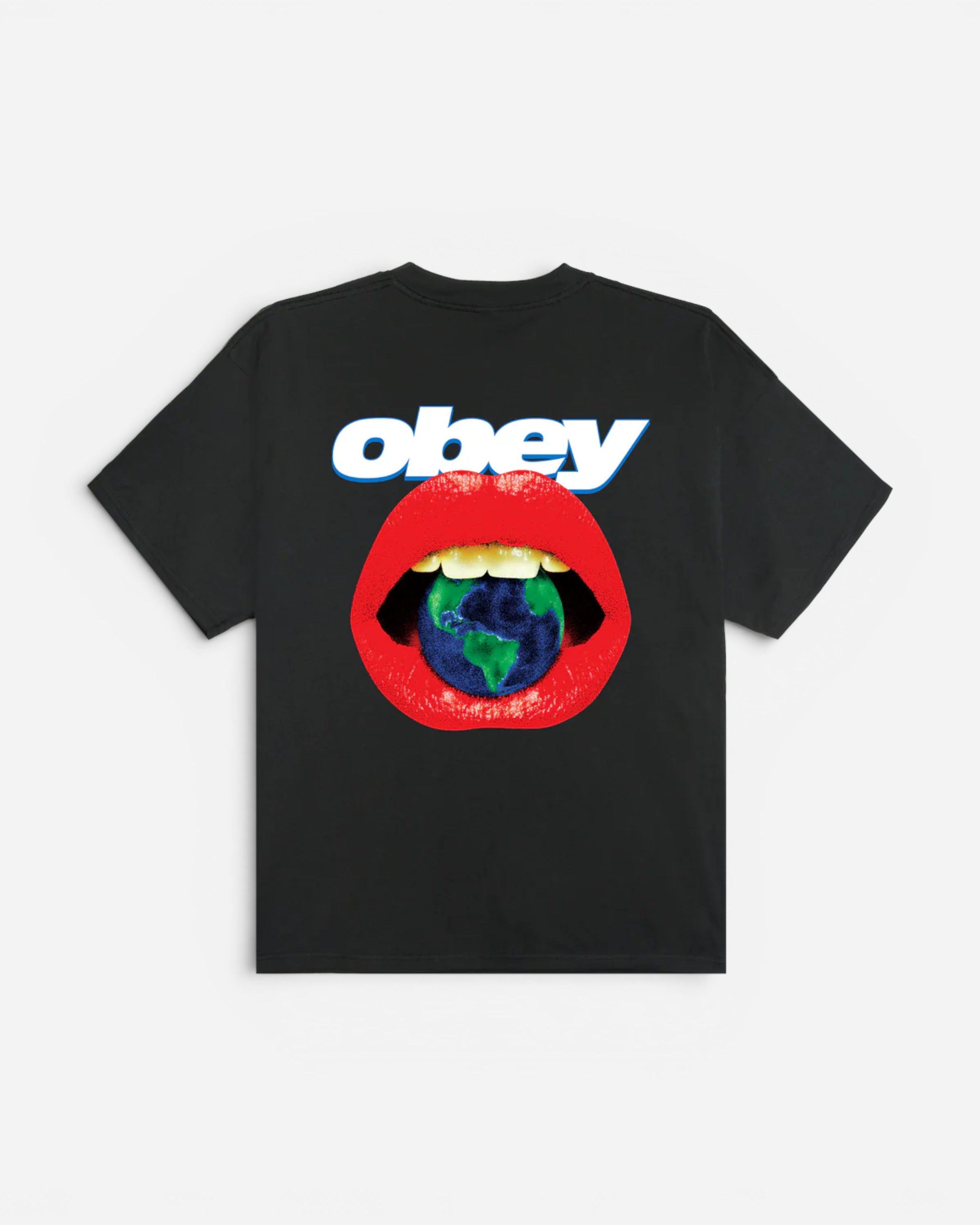 Astrofat black 100% cotton t-shirt with a graphic of red lips biting the Earth and the Obey logo.