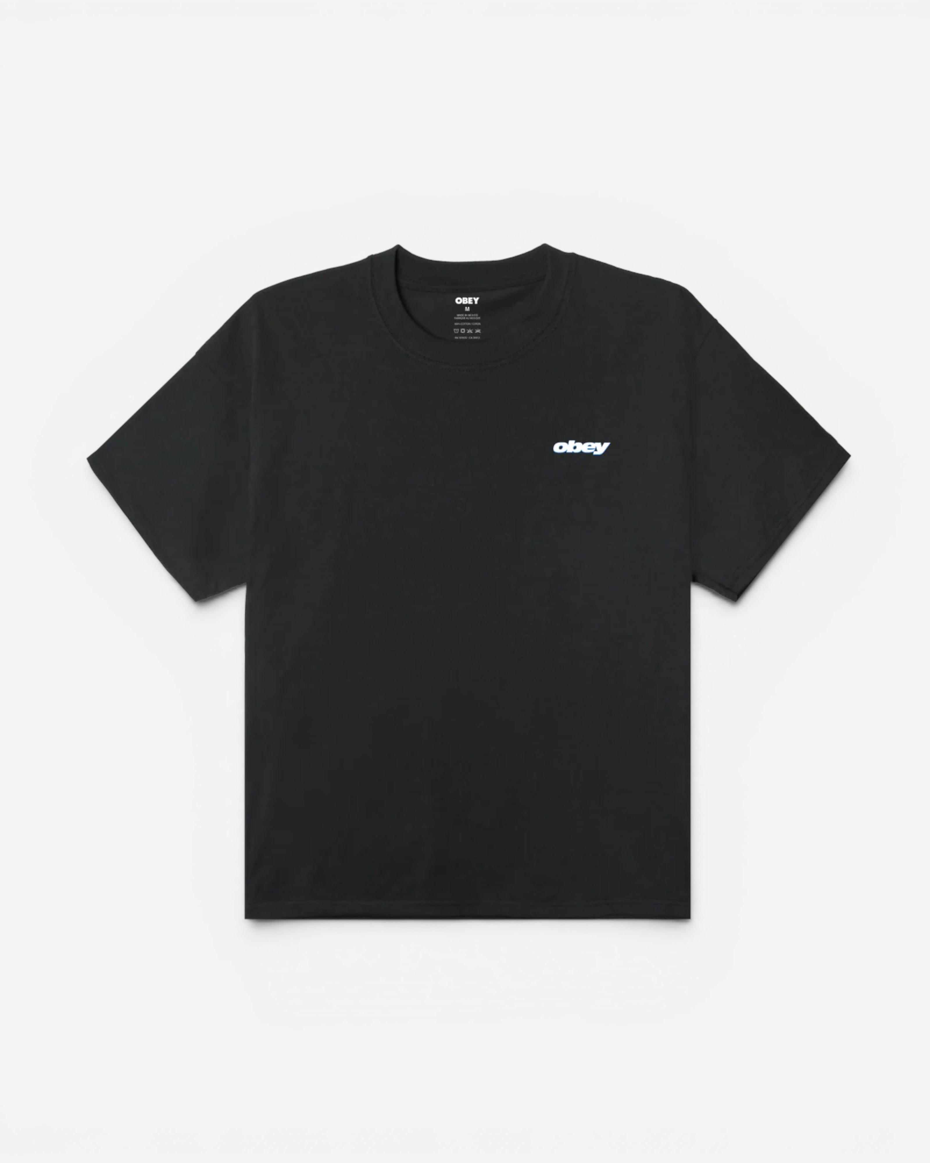 Astrofat Obey Lips Tee in black, a classic fit 100% cotton t-shirt with a subtle white Obey logo graphic on the chest.