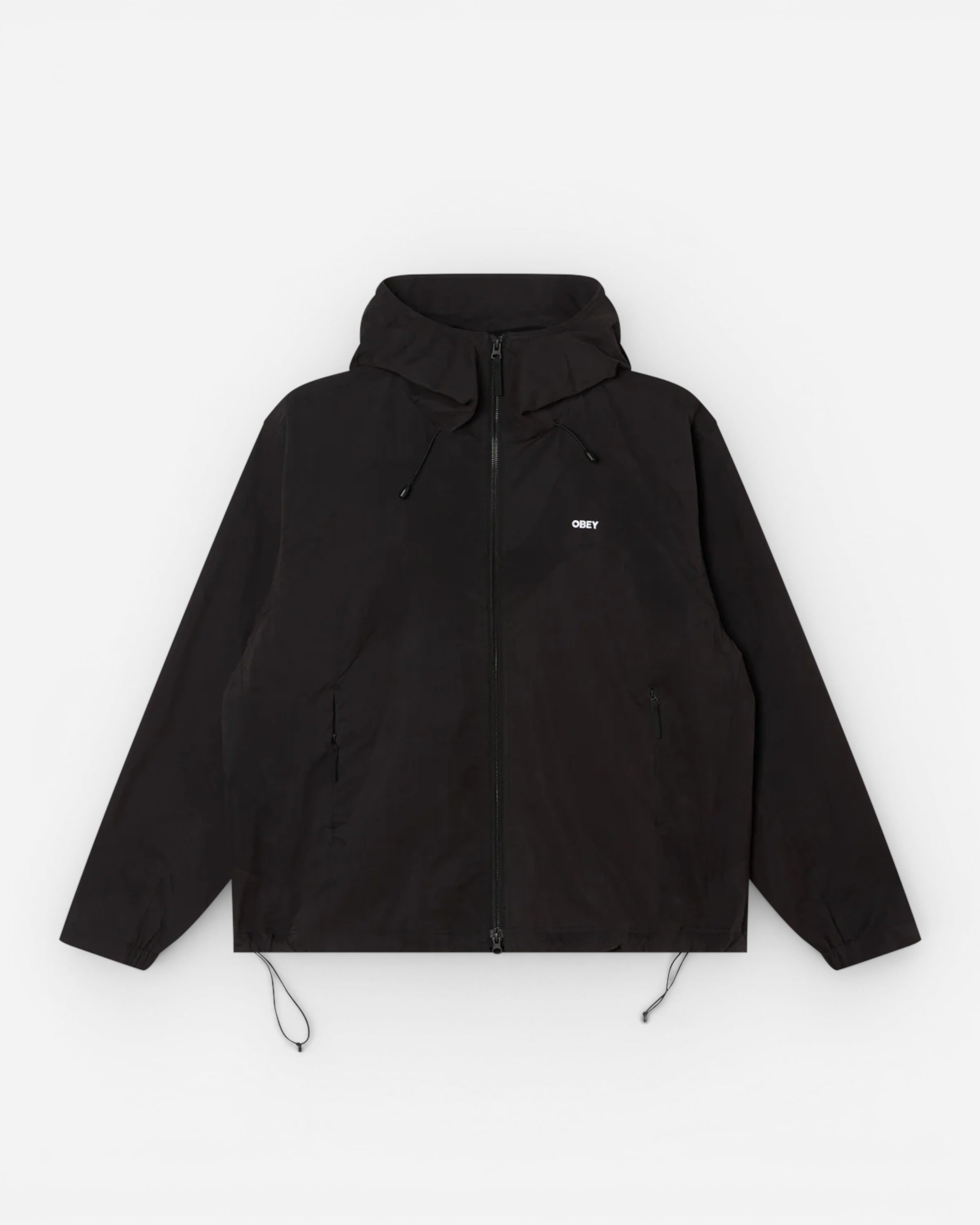 Astrofat Obey Sota Shell Jacket in black, featuring a relaxed fit, adjustable hood, zip closure, and embroidered logo.