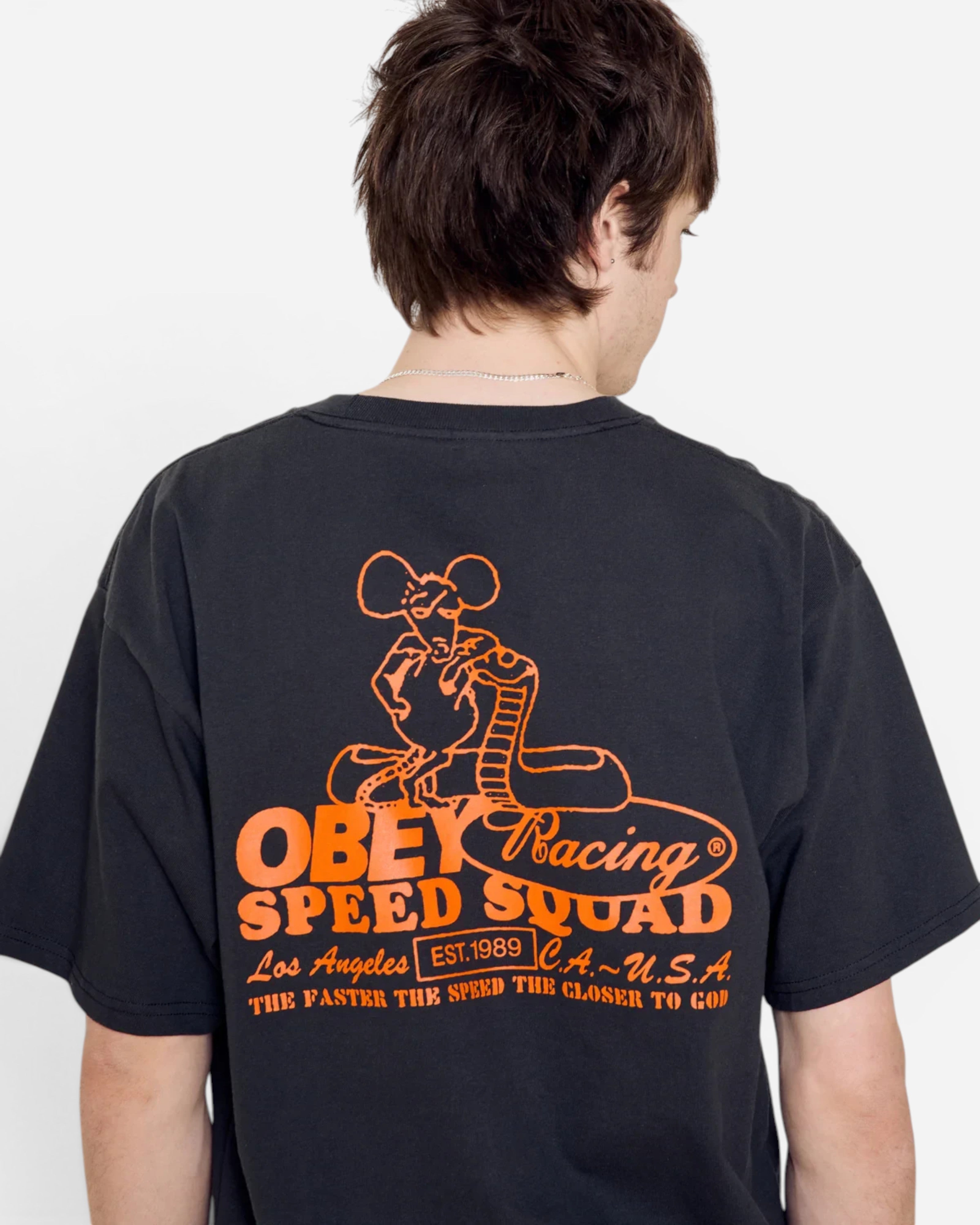 Astrofat Obey Speed Squad heavyweight cotton t-shirt in vintage black with orange graphic print on the back