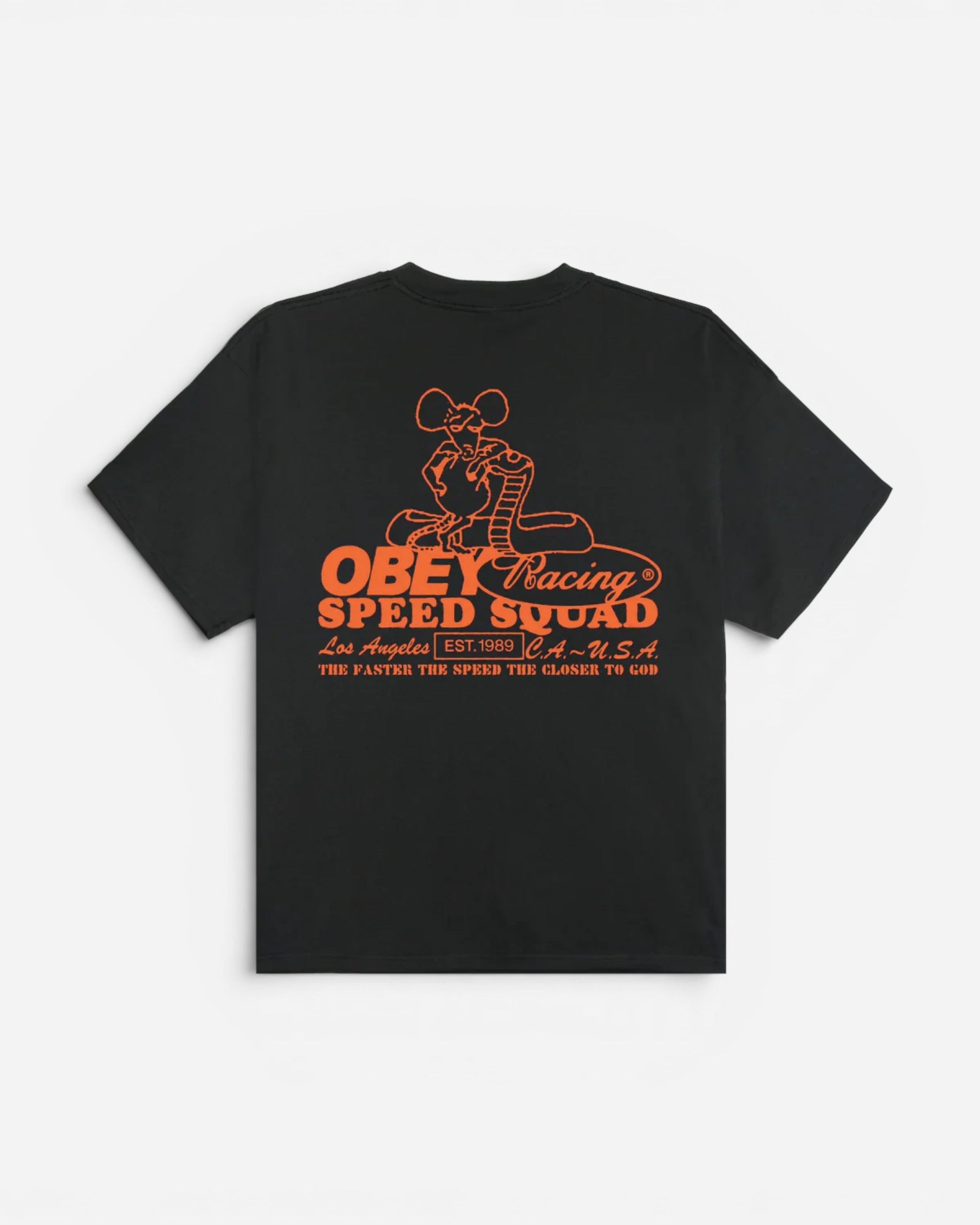 Astrofat Obey Speed Squad heavyweight cotton t-shirt in vintage black with red racing graphic on the back
