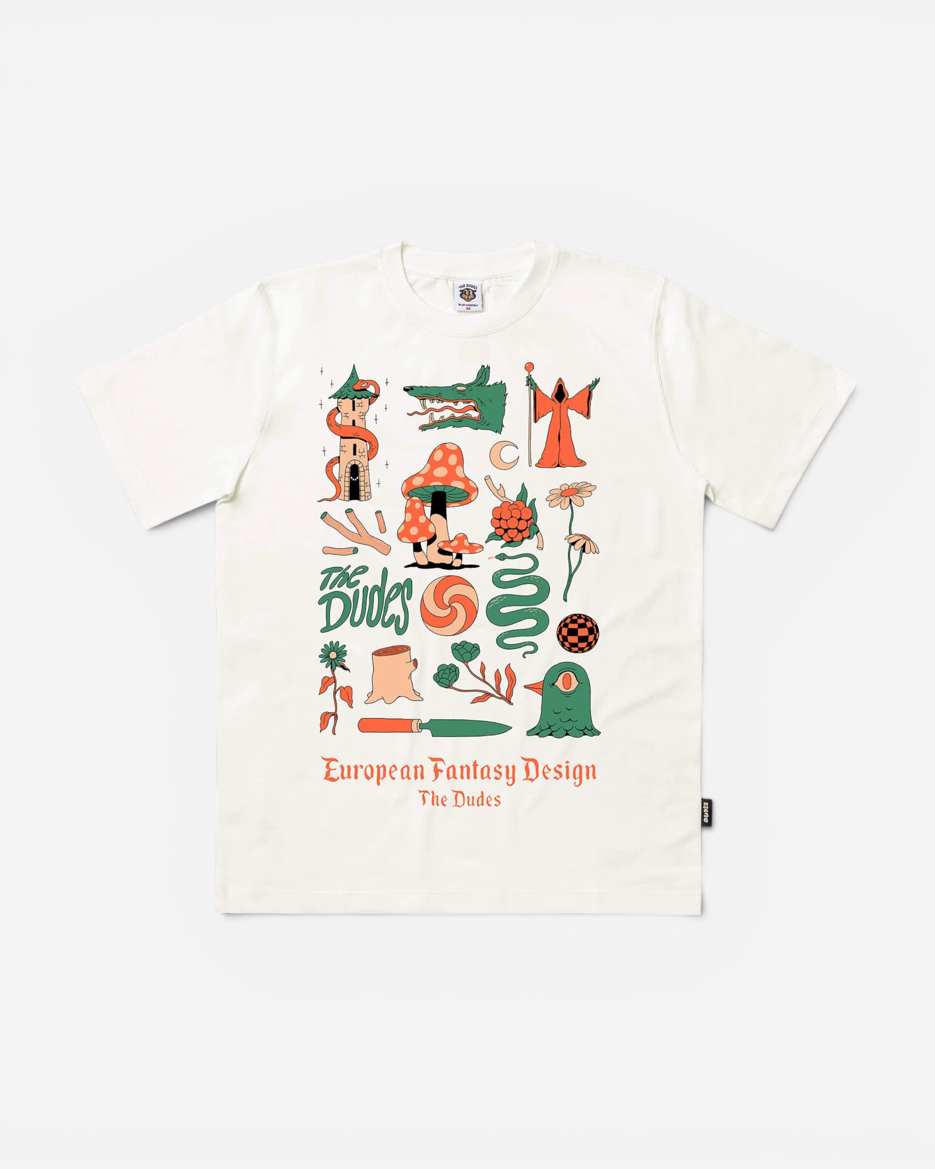 Astrofat off-white 100% organic cotton t-shirt with a whimsical European Fantasy Design graphic print by The Dudes.