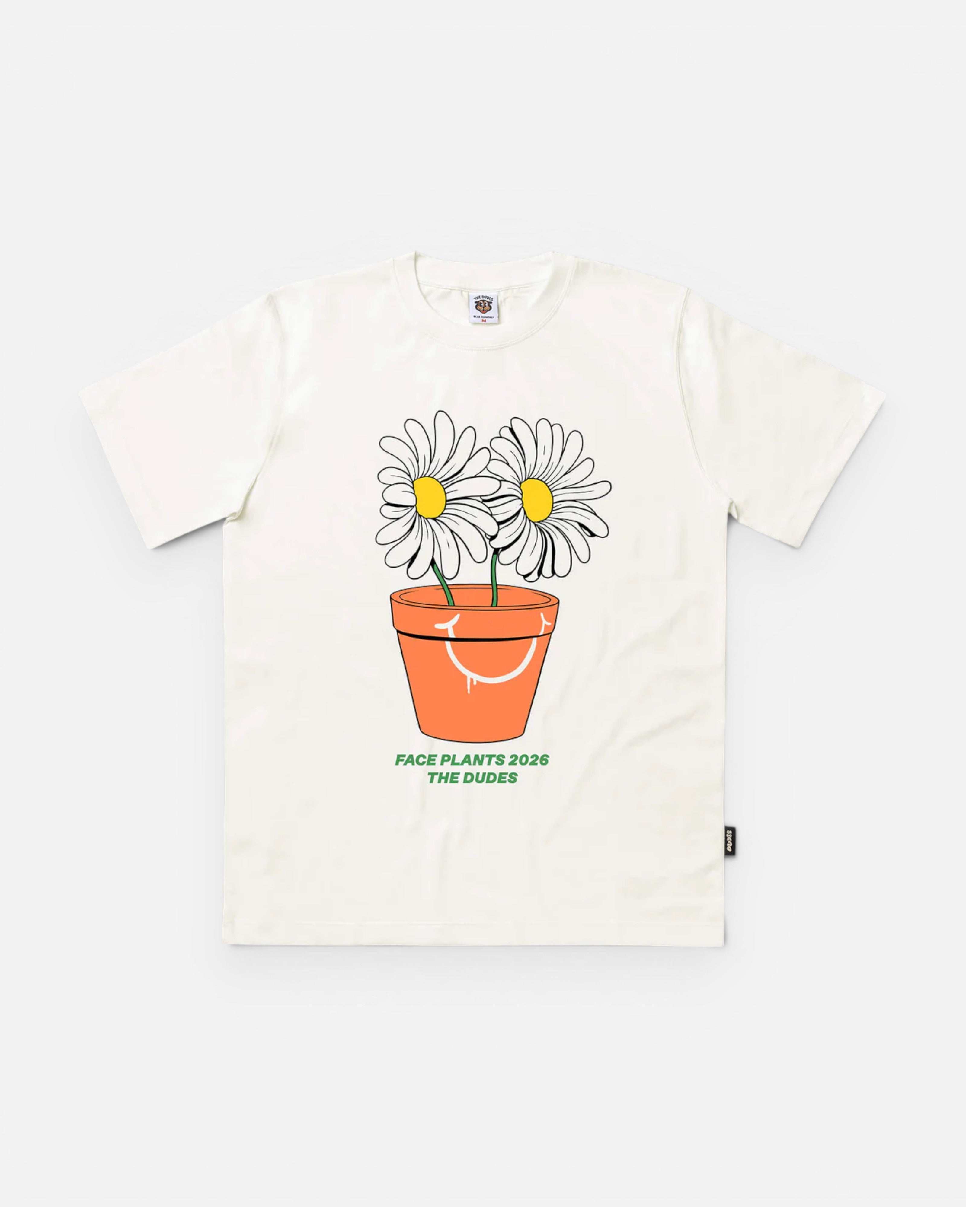 Astrofat Off White 100% organic cotton t-shirt with a graphic of two daisies in a pot with a smiley face.