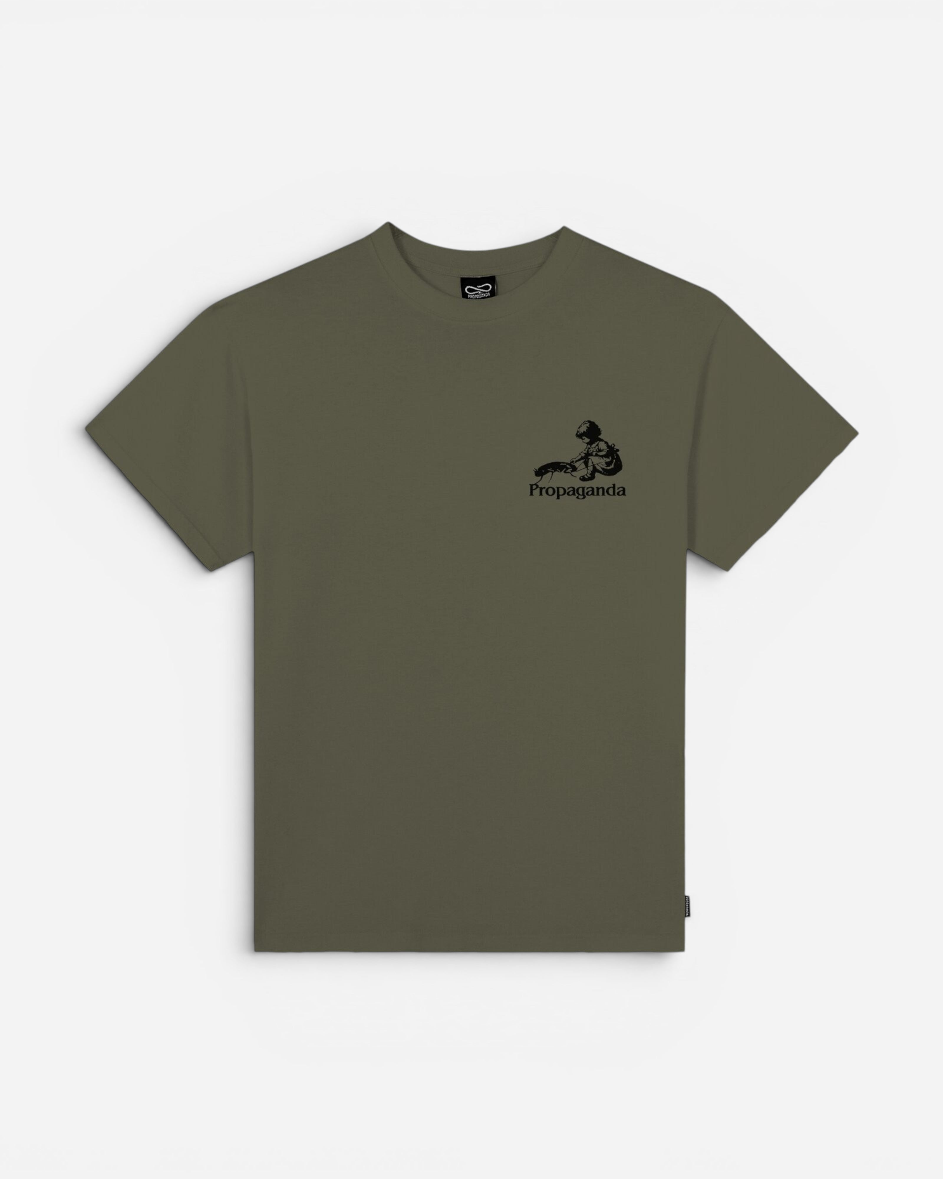 Astrofat olive green cotton t-shirt with a black graphic print of a child and a roach, and the word "Propaganda" below.