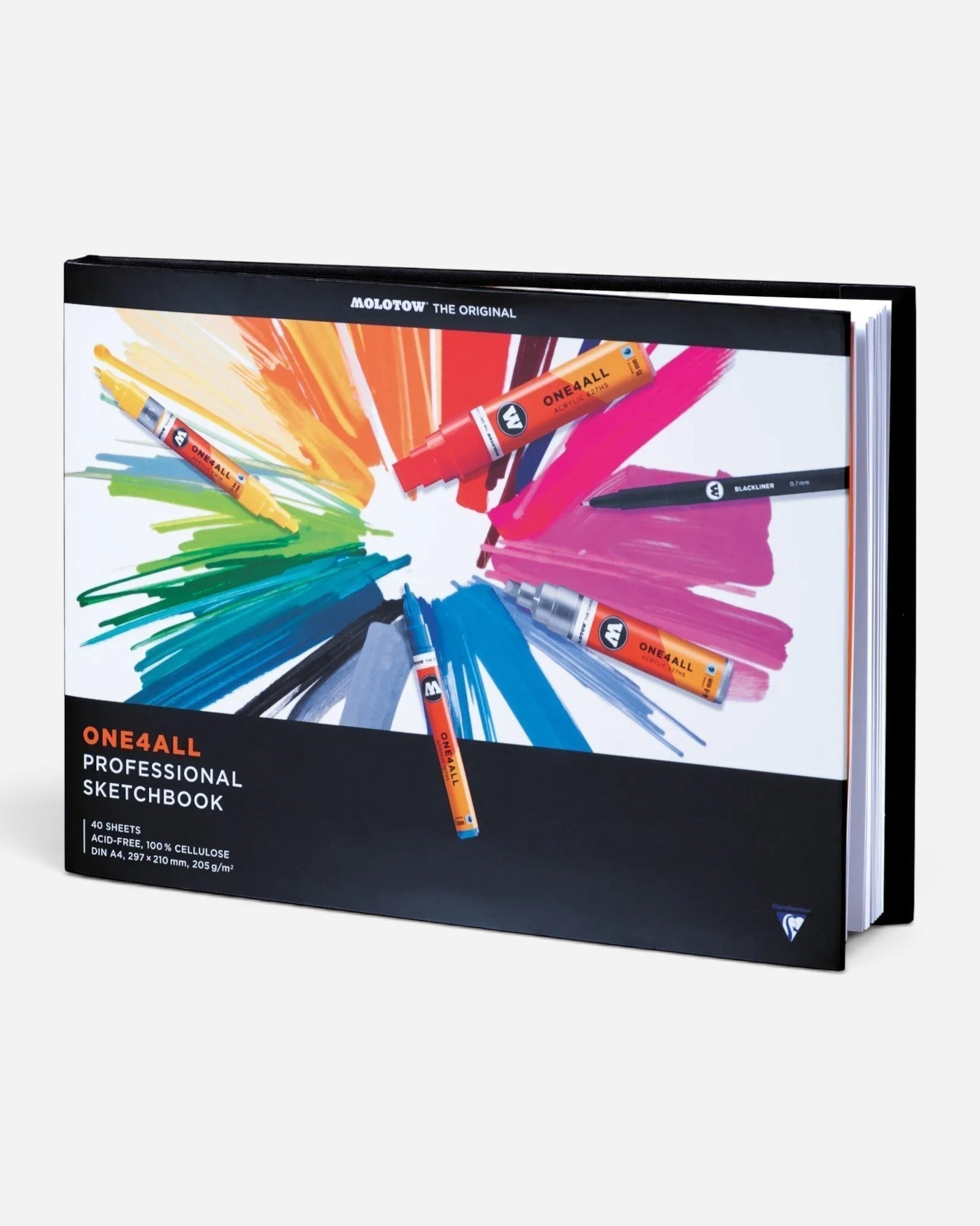 Astrofat One4All A4 landscape professional sketchbook with a black hard cover featuring colorful marker strokes.