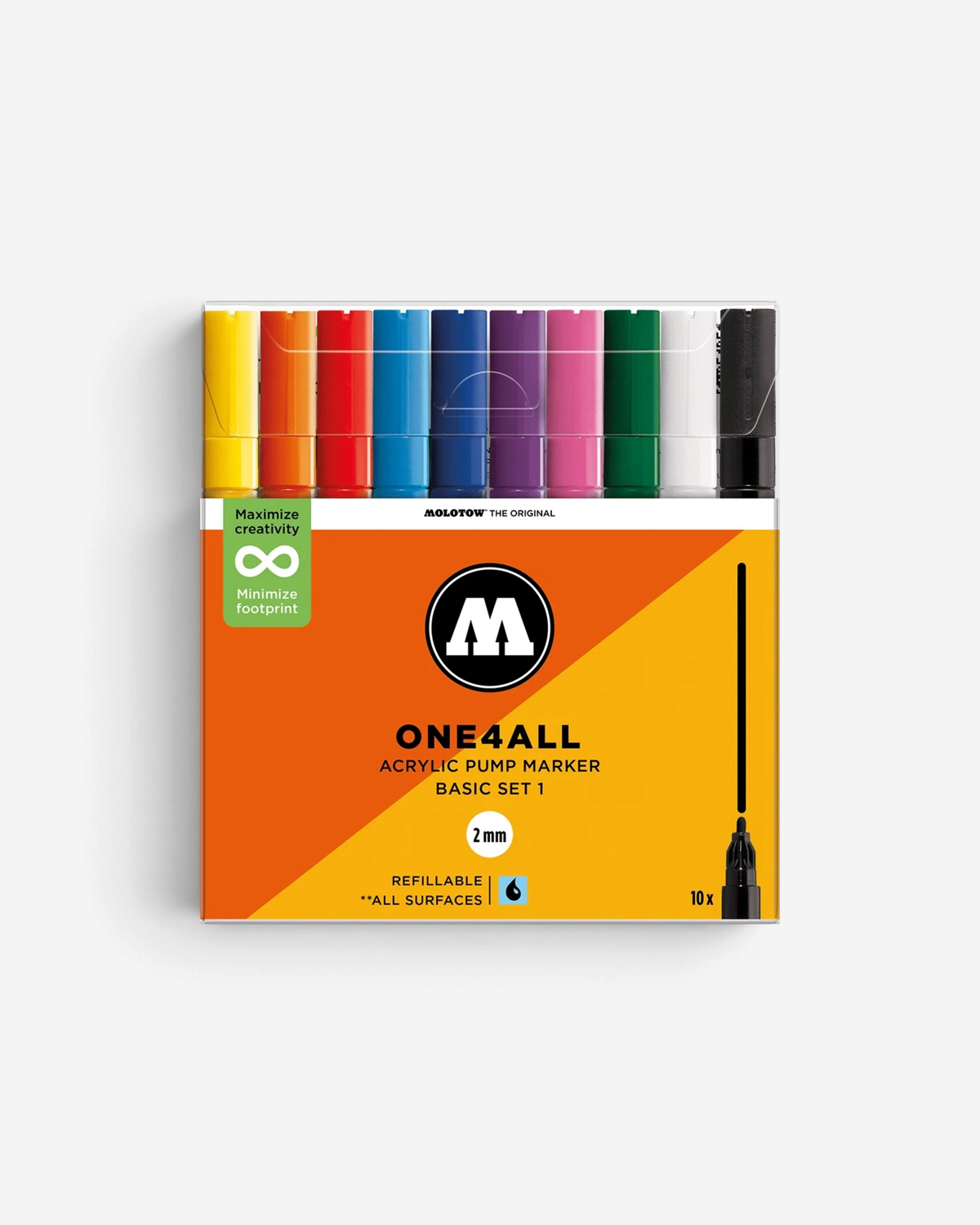 Astrofat One4All 2mm acrylic pump marker set featuring 10 vibrant colours in a clear plastic storage case.