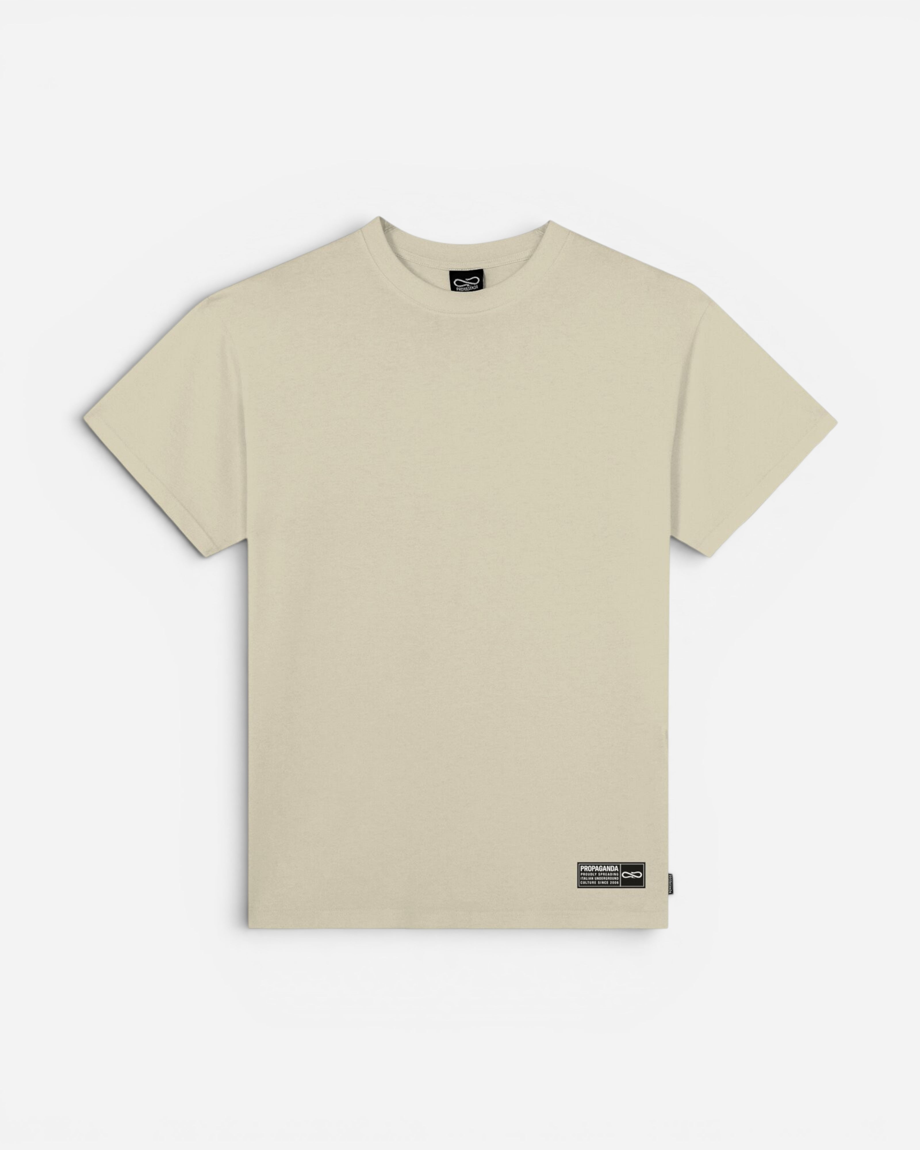 Astrofat men's short-sleeve t-shirt in oyster beige cotton with a printed label on the left side.