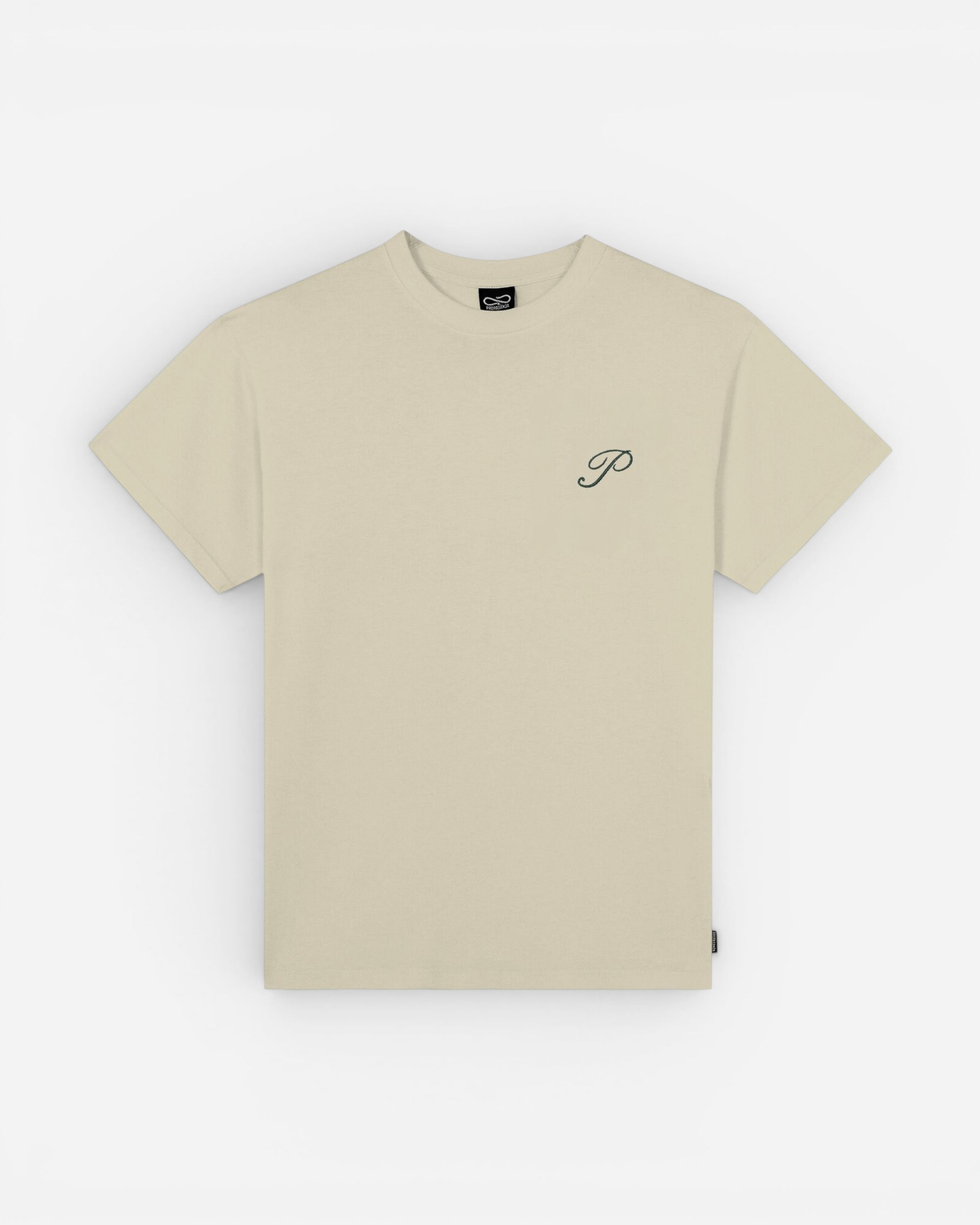 Astrofat Prestige T-shirt in oyster colour, made from cotton with a short sleeve and a small embroidered 'P' logo on the chest.
