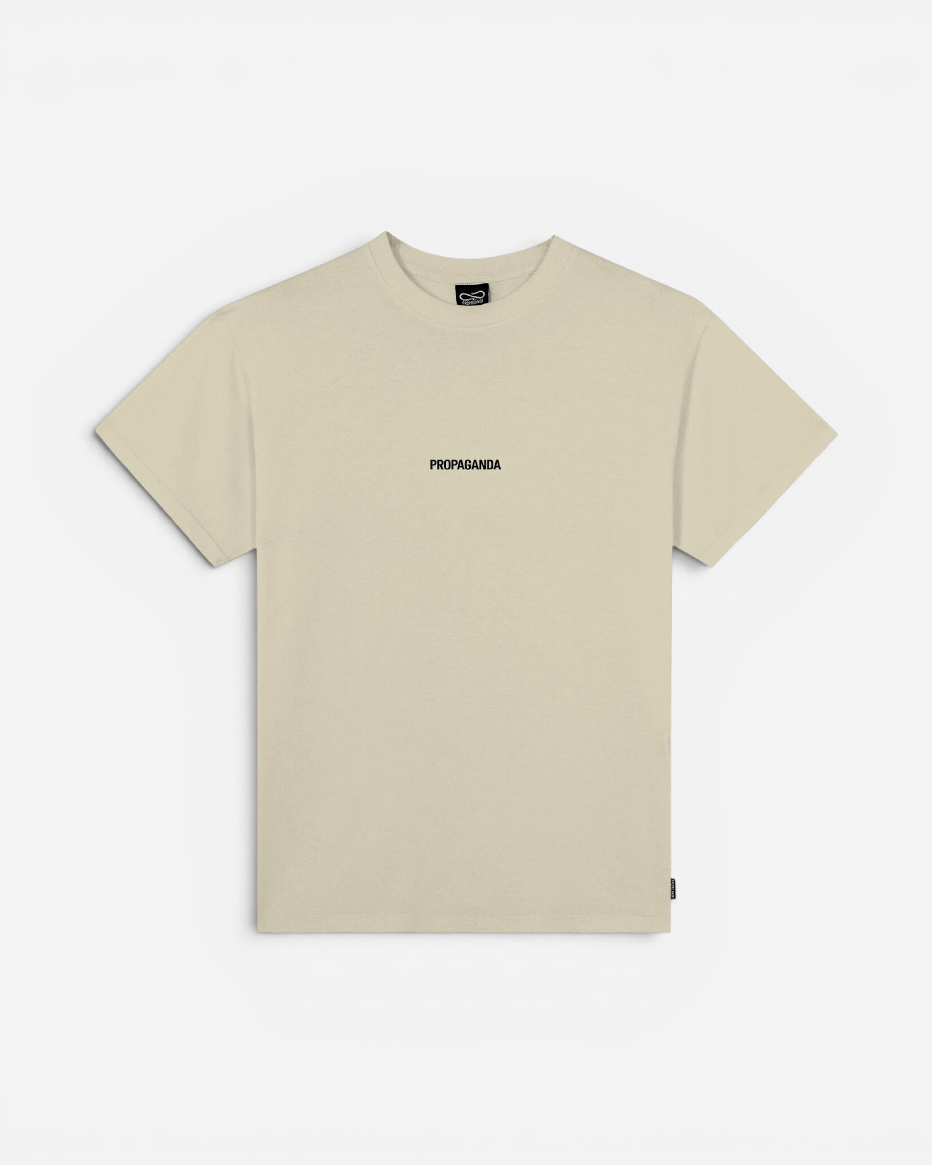 Astrofat Ribs Lord Tee T-shirt in oyster colour. Short-sleeved cotton tee with a small black 'PROPAGANDA' print on the chest and a branded label on the side.
