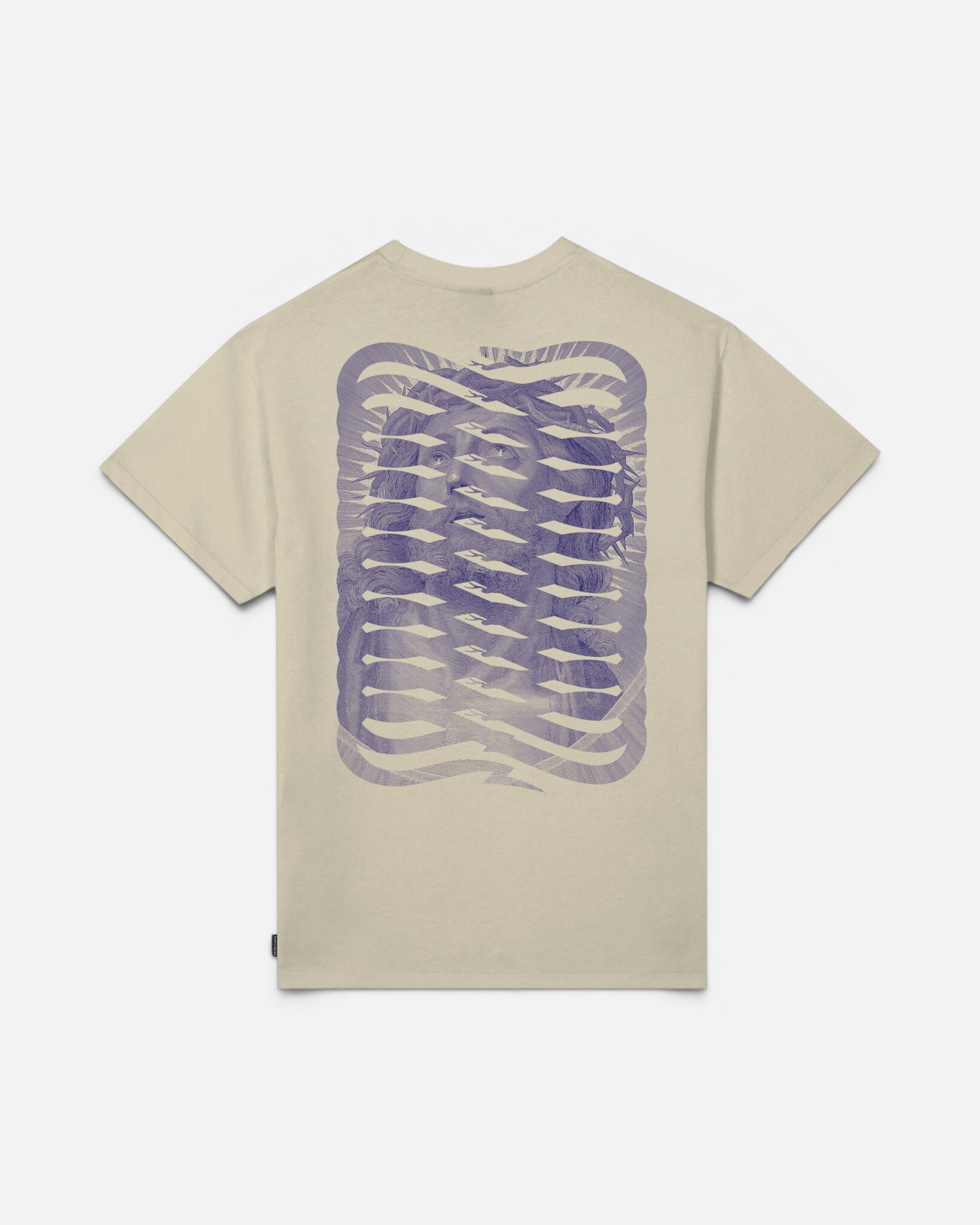 Astrofat Ribs Lord Tee T-shirt in oyster colour. Short-sleeved cotton tee with a distressed purple graphic print on the back.