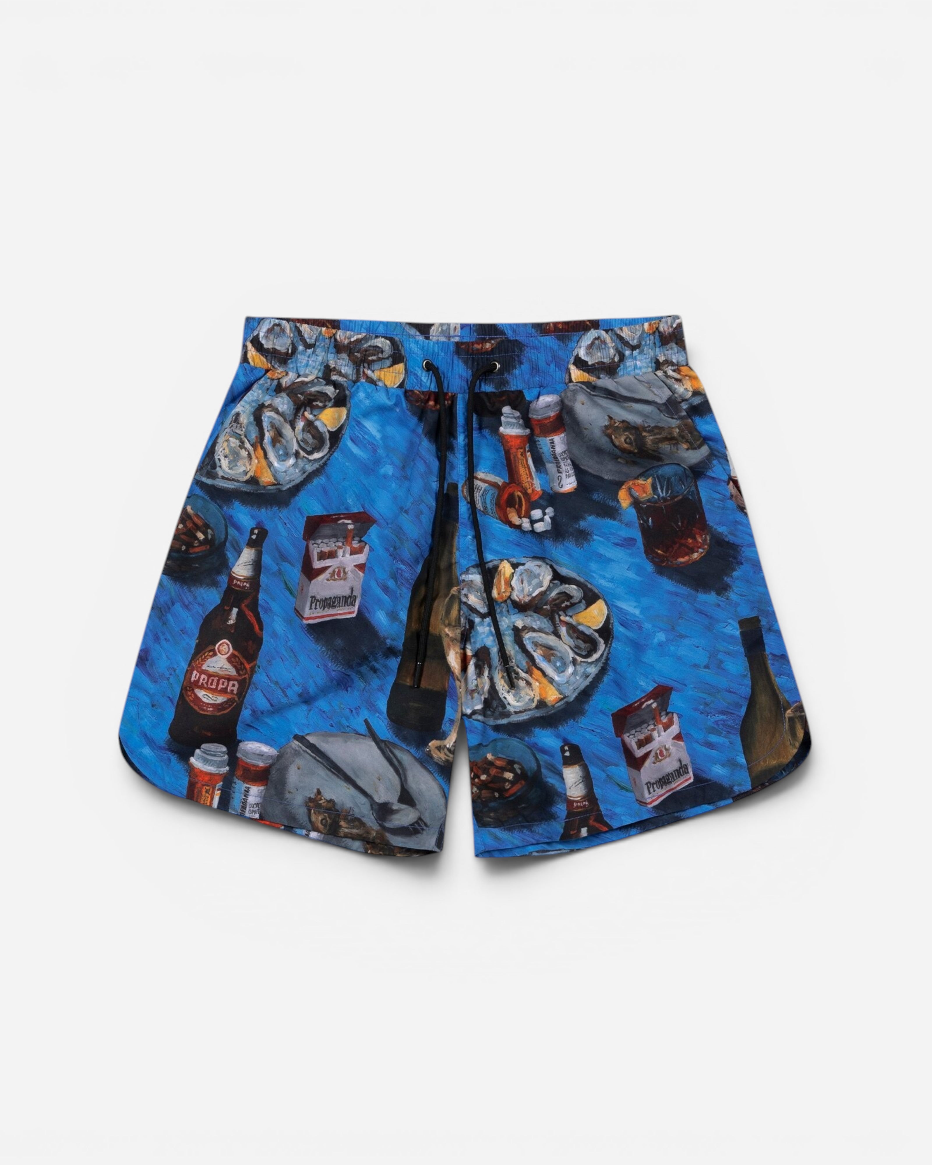 Astrofat Oyster swim trunks in blue with an all-over print of oysters, beer bottles, and cigarettes, crop fit.