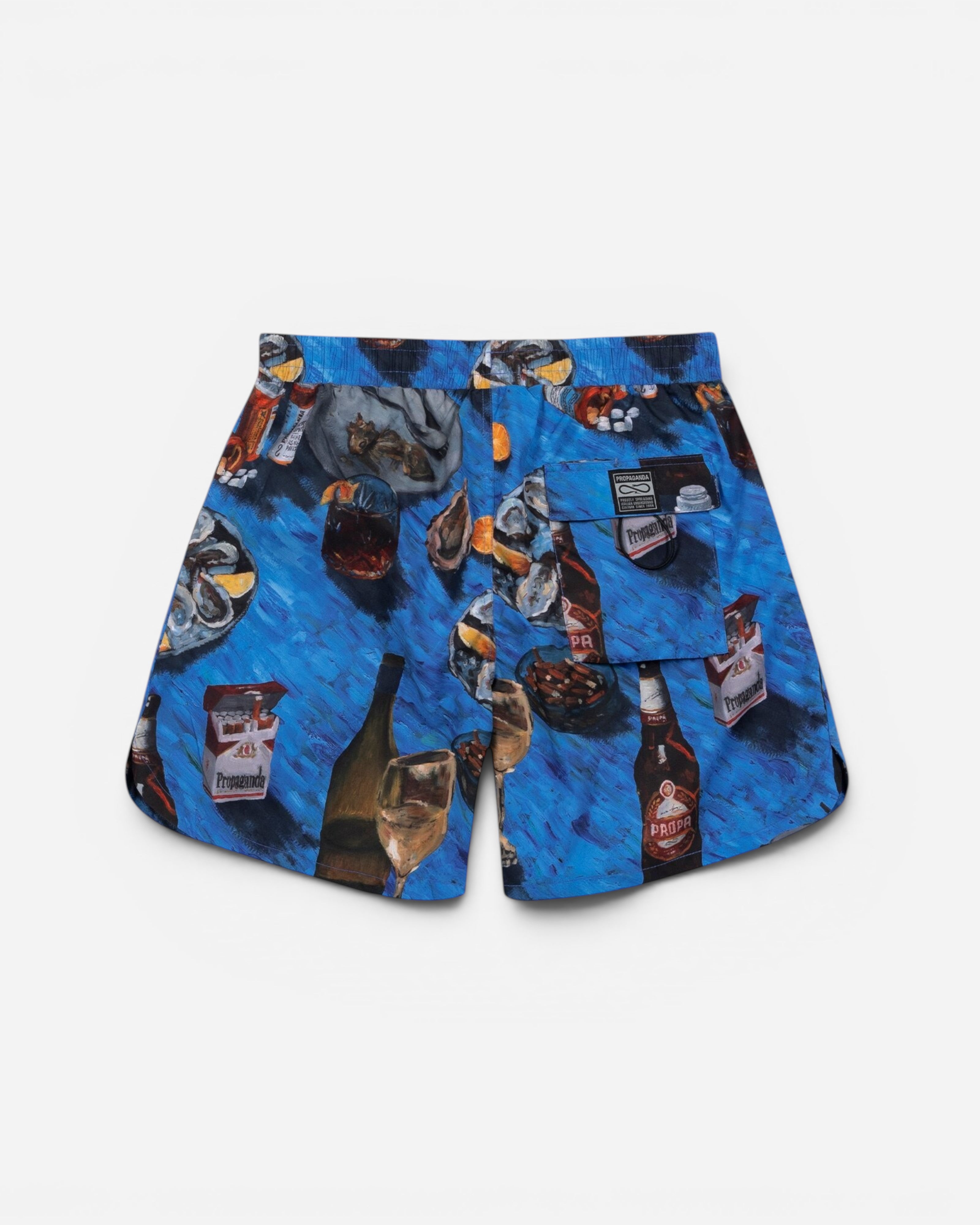 Astrofat Oyster Swimtrunk in blue featuring an all-over print of oysters, wine, and cigarettes with a back pocket.