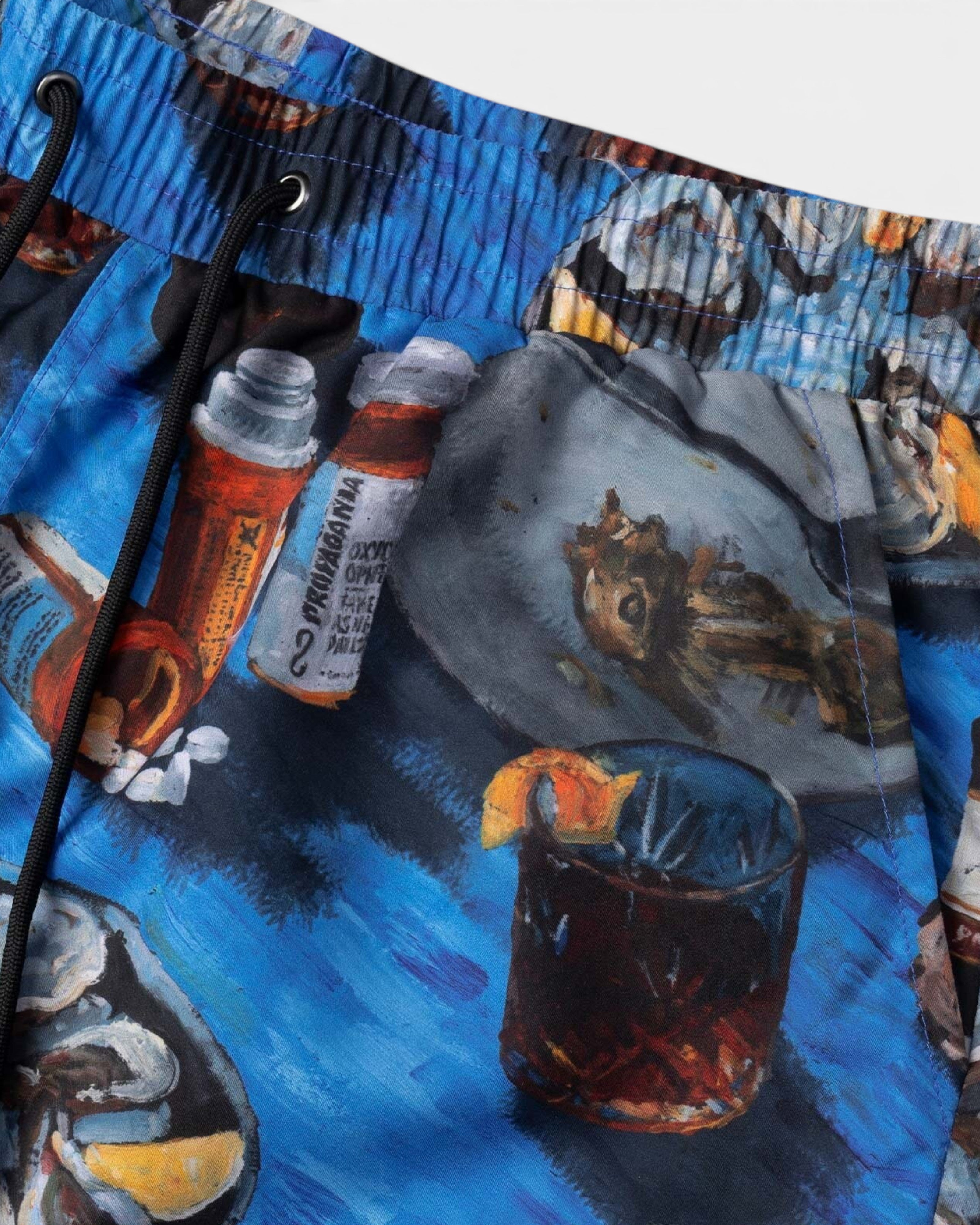 Astrofat Oyster Swimtrunk featuring a blue all-over graphic print of cocktails and oysters with an elastic drawstring waist