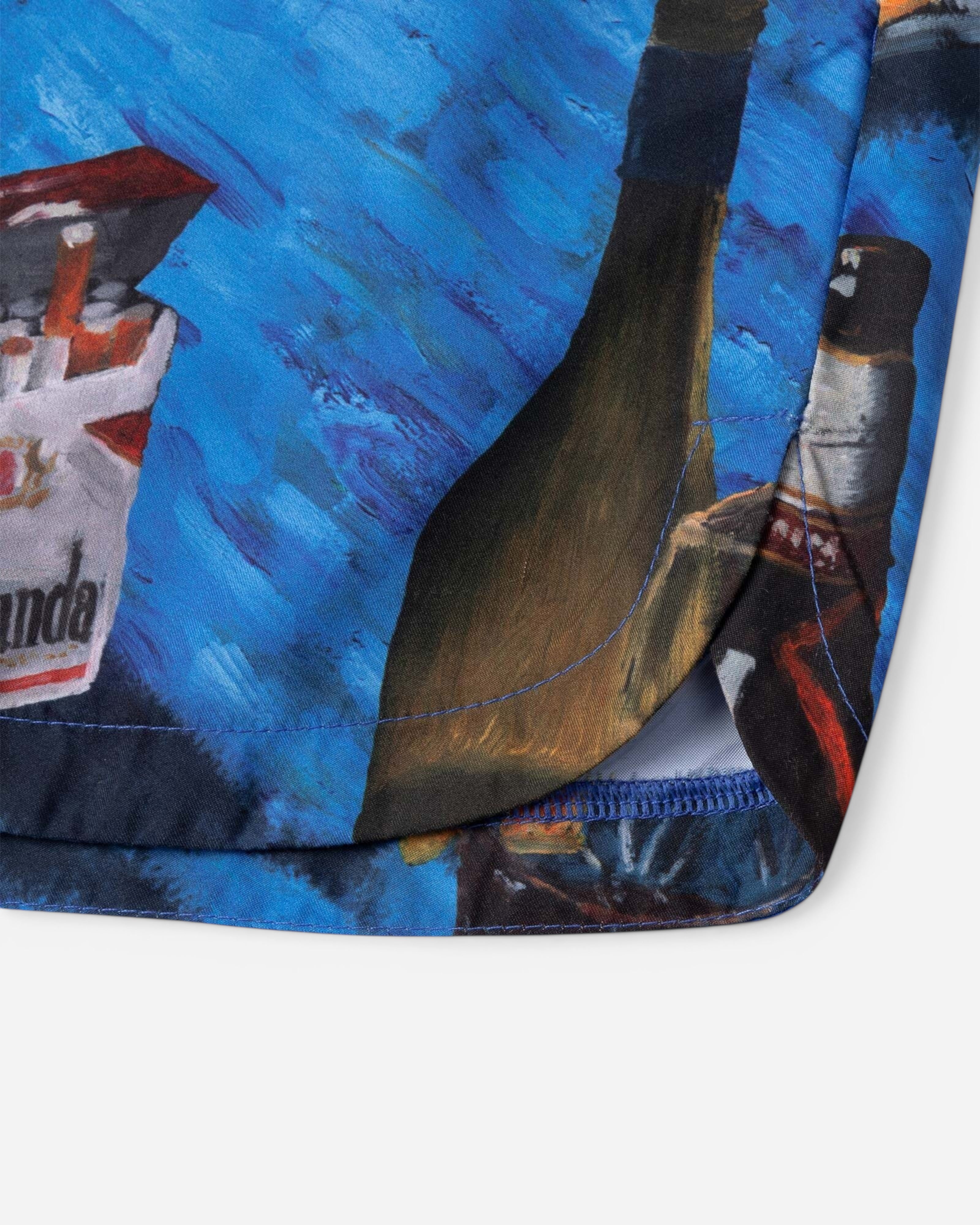 Astrofat Oyster Ghostrider swim trunks featuring a blue all-over graphic print, side pocket, and polyester fabric.