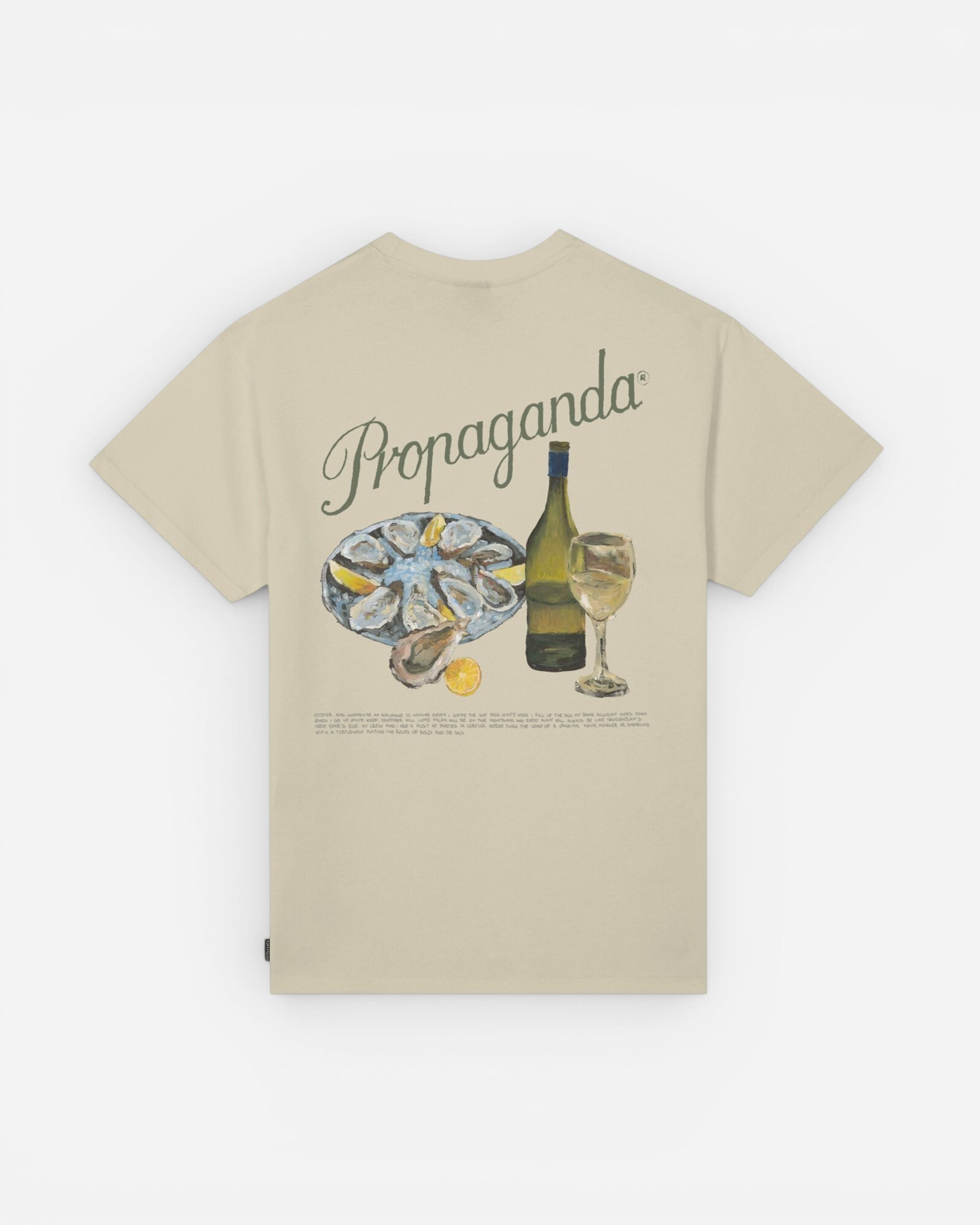 Astrofat beige cotton t-shirt with a graphic print of oysters, a bottle of white wine, and a glass of wine.