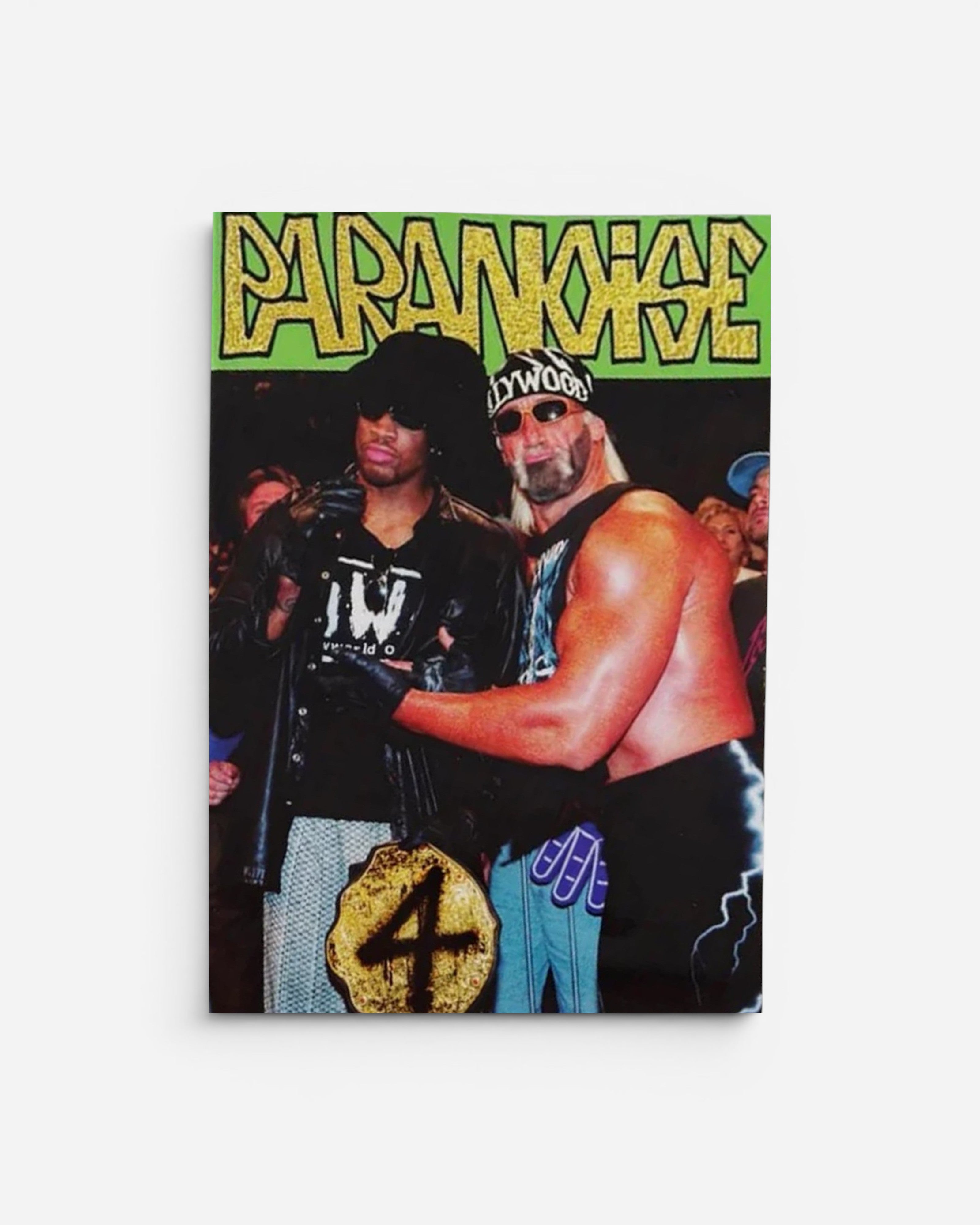 Astrofat Paranoise Zine Issue 4 features a cover with two wrestlers, one in a black leather jacket and the other in a black tank top.